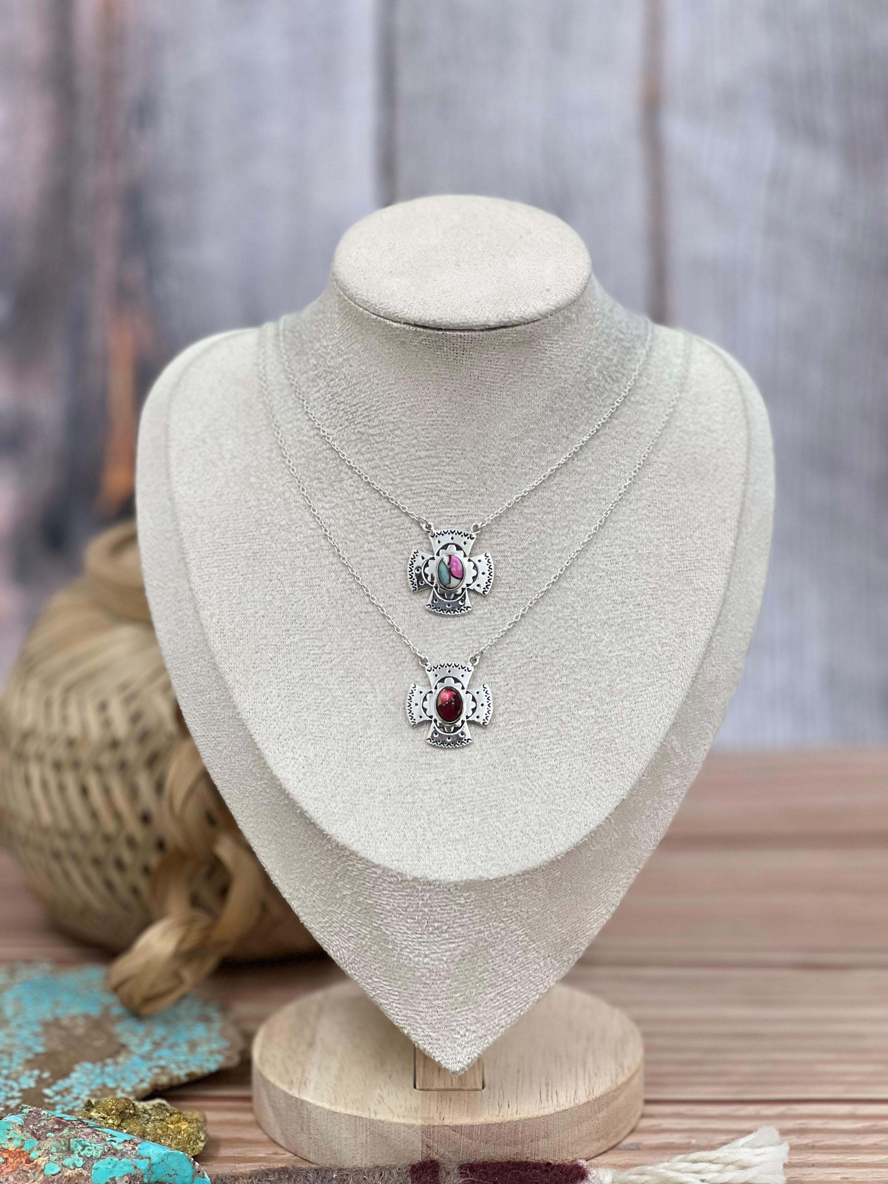 Handmade Sterling Silver Cotton Candy Turquoise, Dahlia Rose Necklace with Signed Nizhoni