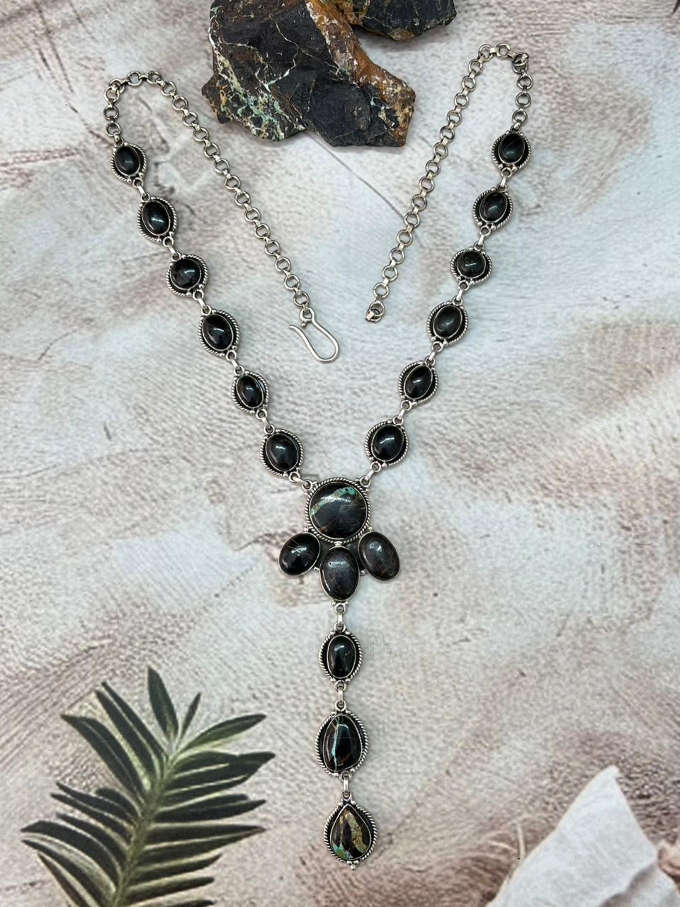 Handmade Sterling Silver Blackjack Turquoise Drop Necklace "Signed Nizhoni"