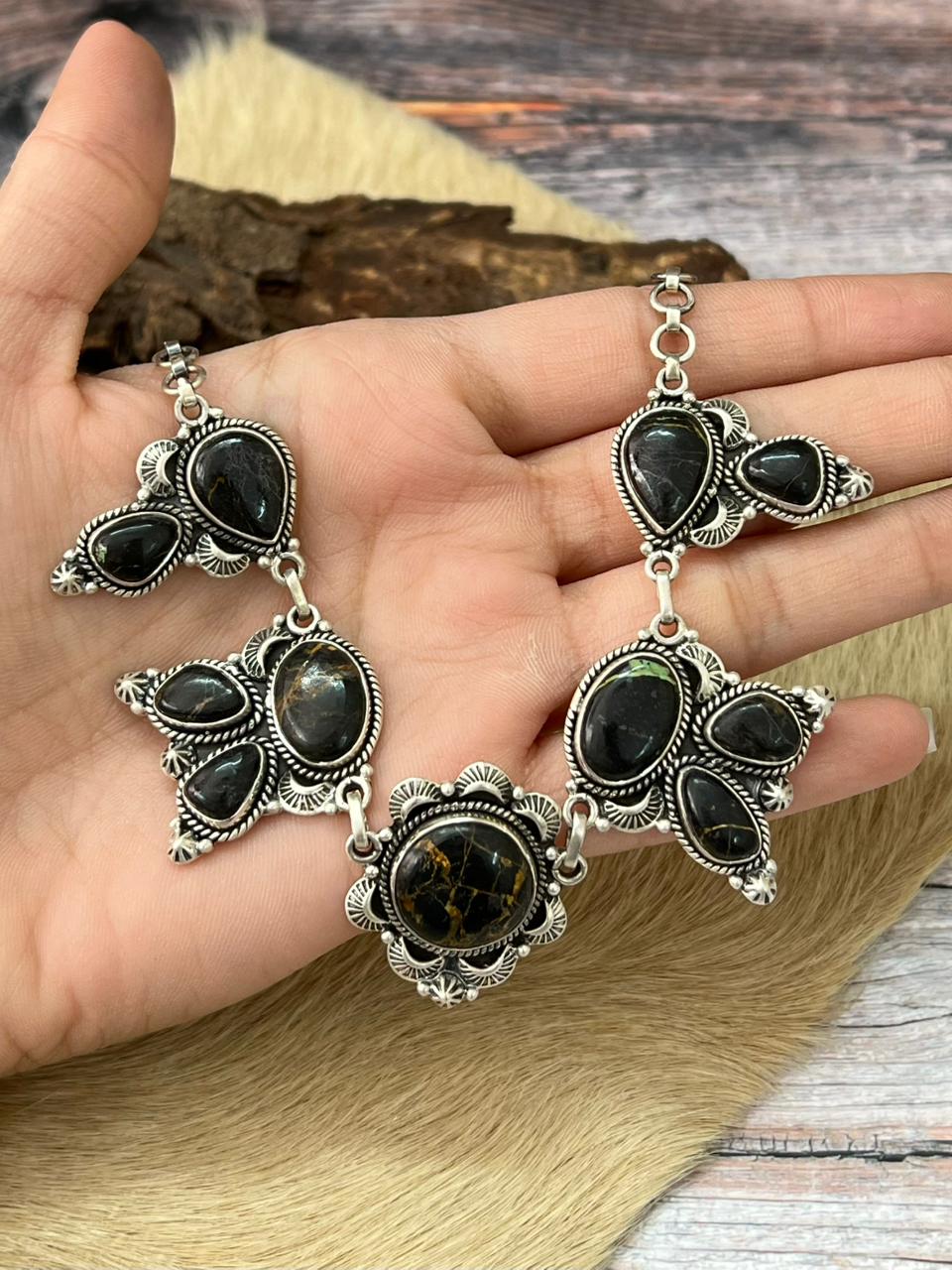 Handmade Sterling Silver Blackjack Turquoise Choker Necklace "Signed Nizhoni"