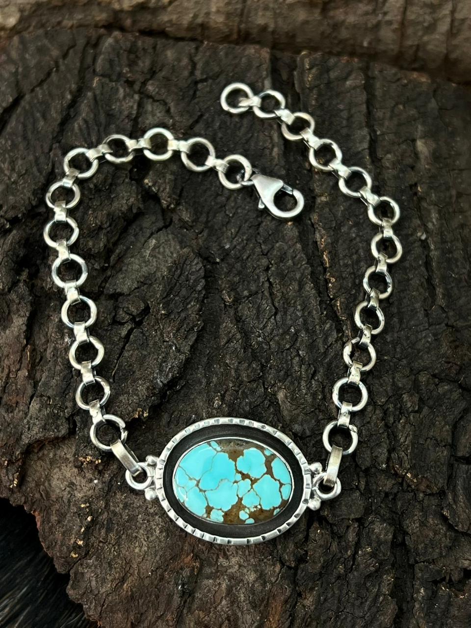 Handmade Sterling Silver Number 8 Turquoise Chain Bracelet "Signed Nizhoni"