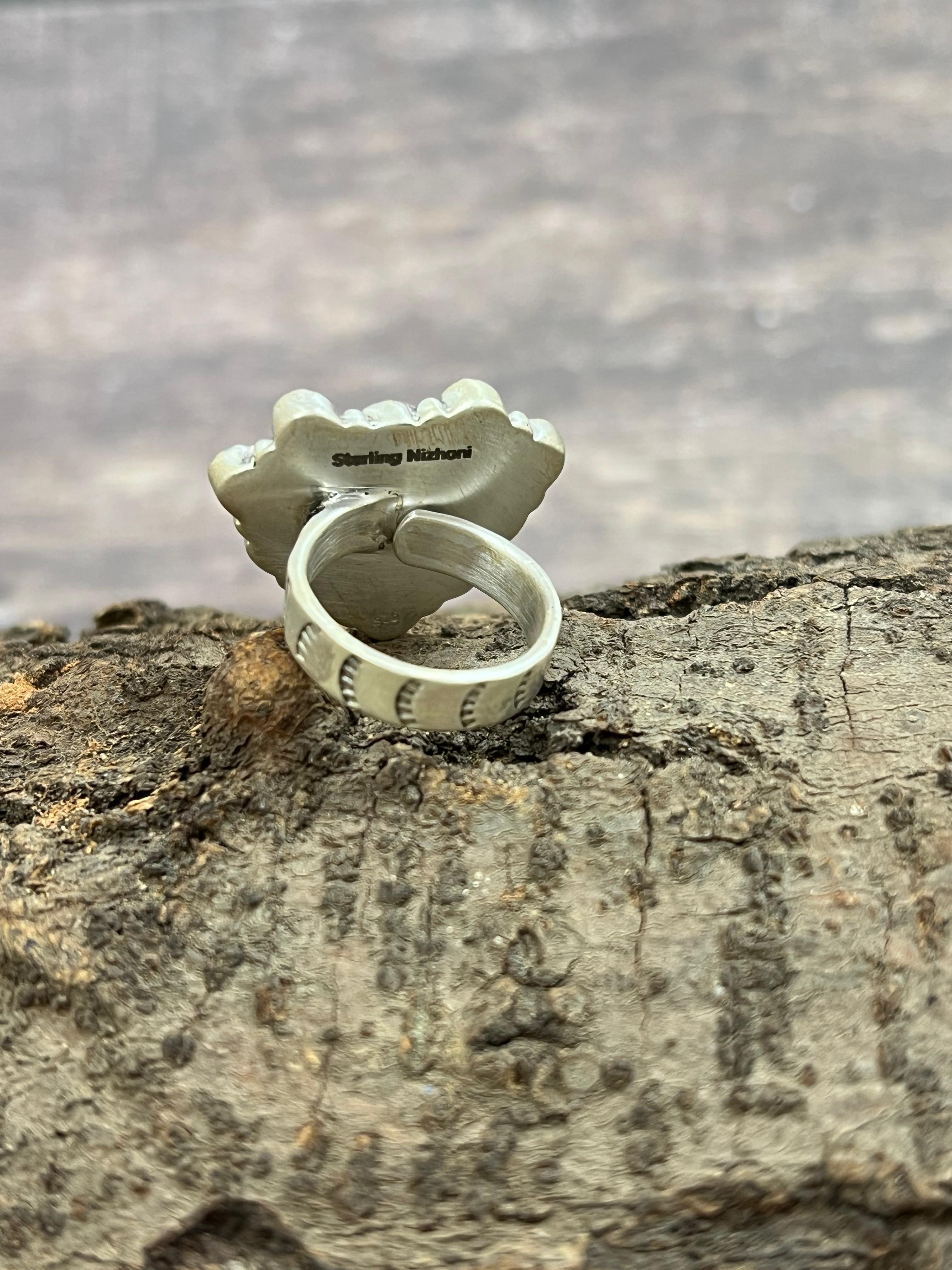 Handmade Sterling Silver Kingman Turquoise Heart Adjustable Ring with Signed Nizhoni (9)