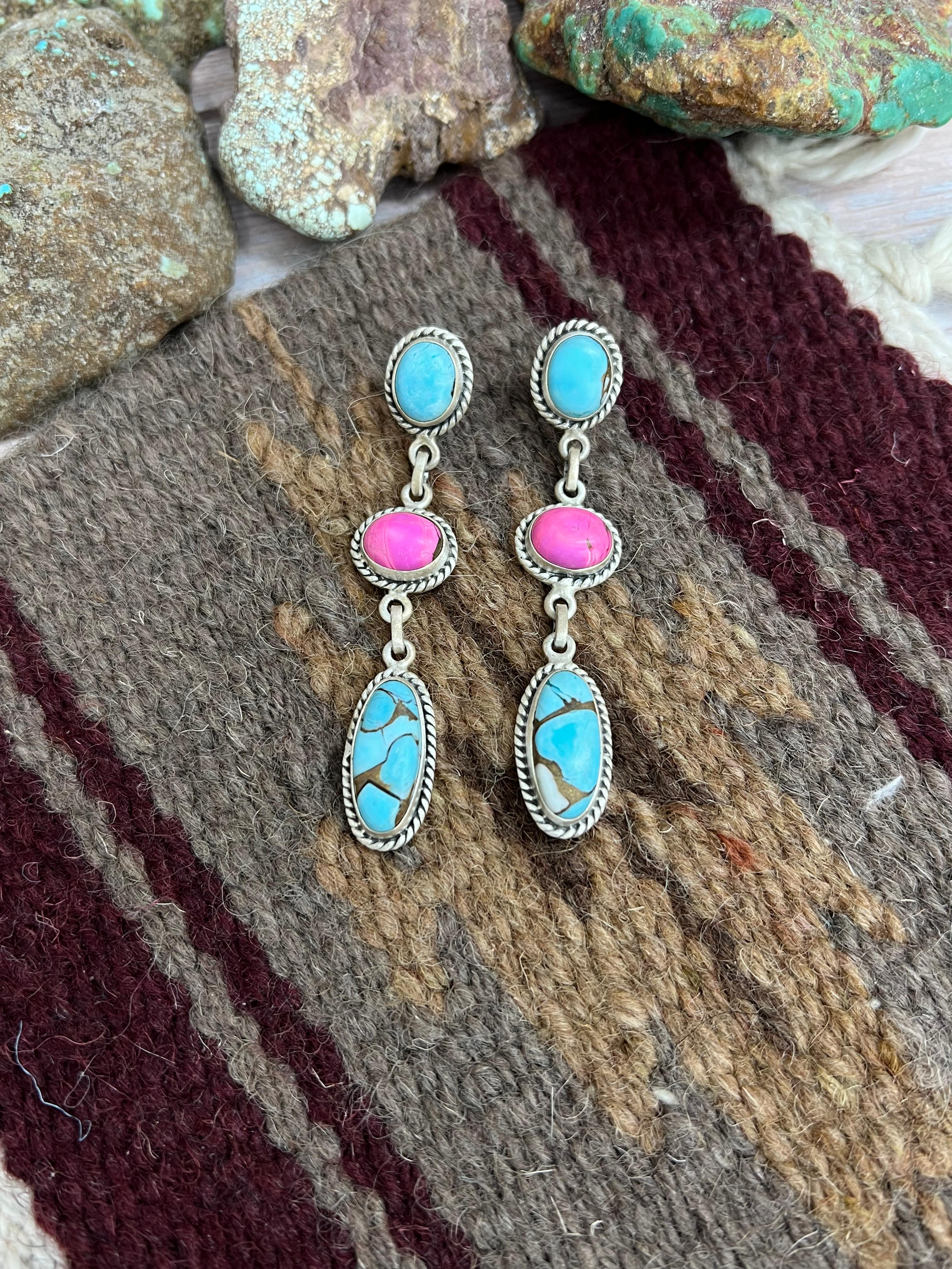 Handmade Sterling Silver Cotton Candy Turquoise Post Dangle Earrings with Signed Nizhoni