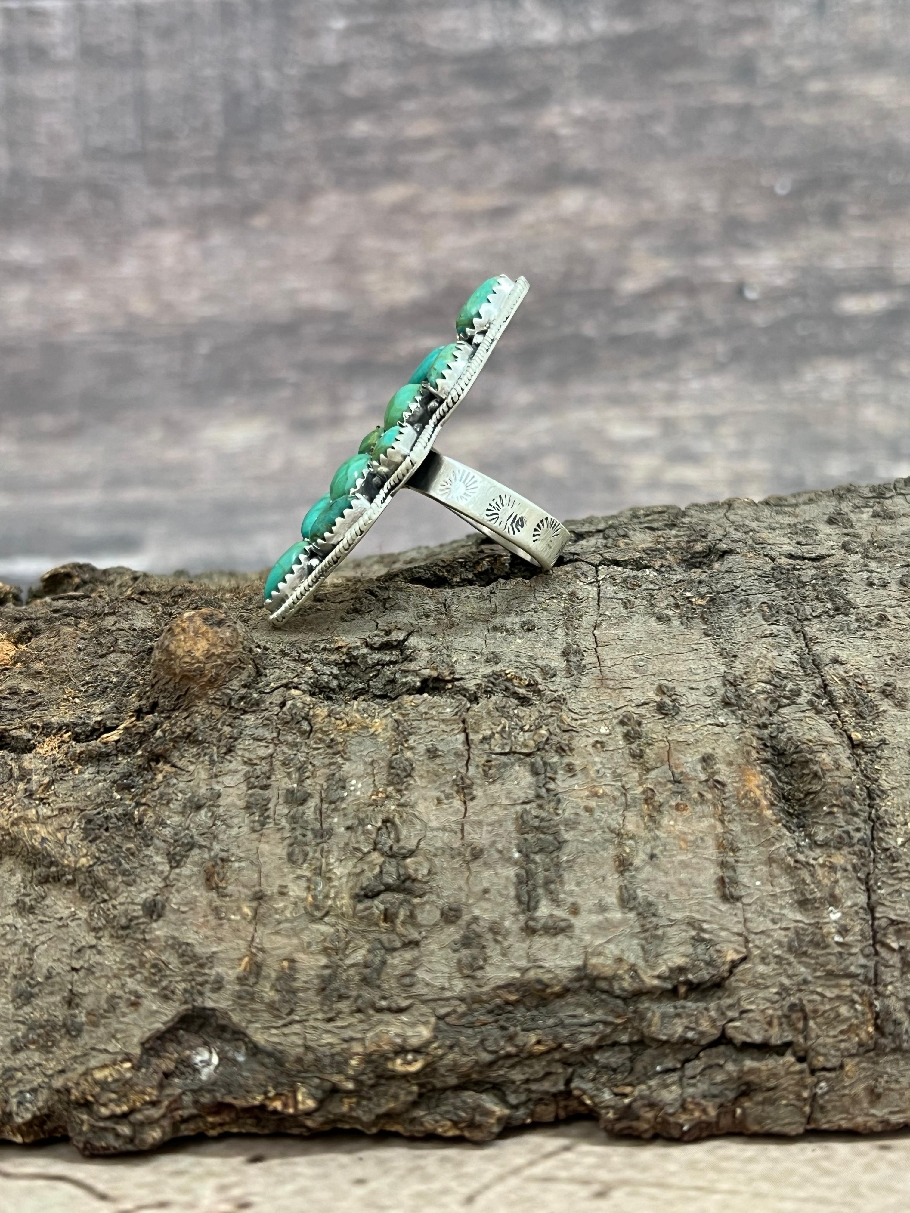 Handmade Sterling Silver Kingman Turquoise Adjustable Ring with Signed Nizhoni