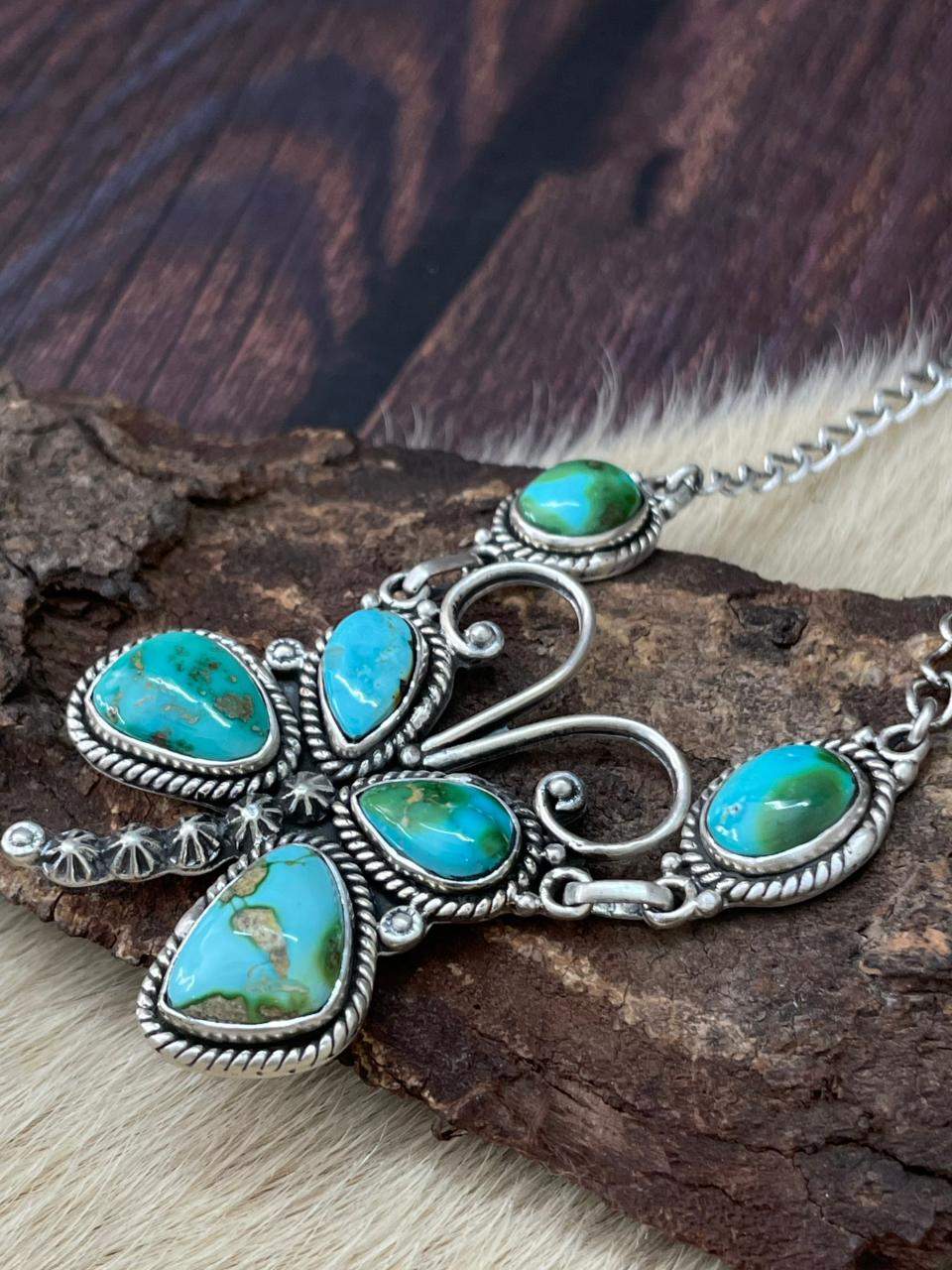 Handmade Sterling Silver Sonoran Mountain Turquoise Butterfly Necklace "Signed Nizhoni"
