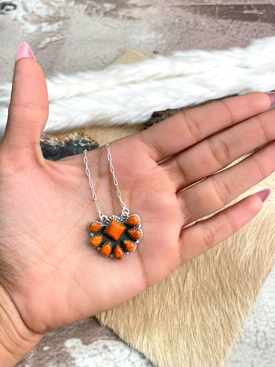 Handmade Sterling Silver Orange Mojave Necklace "Signed Nizhoni"