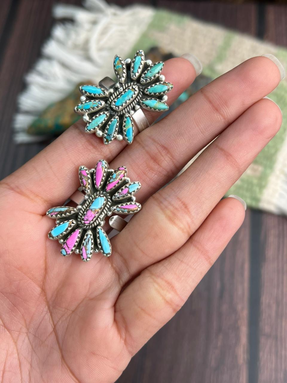 Handmade Sterling Silver Kingman Turquoise and Cotton Candy Adjustable Ring "Signed Nizhoni"