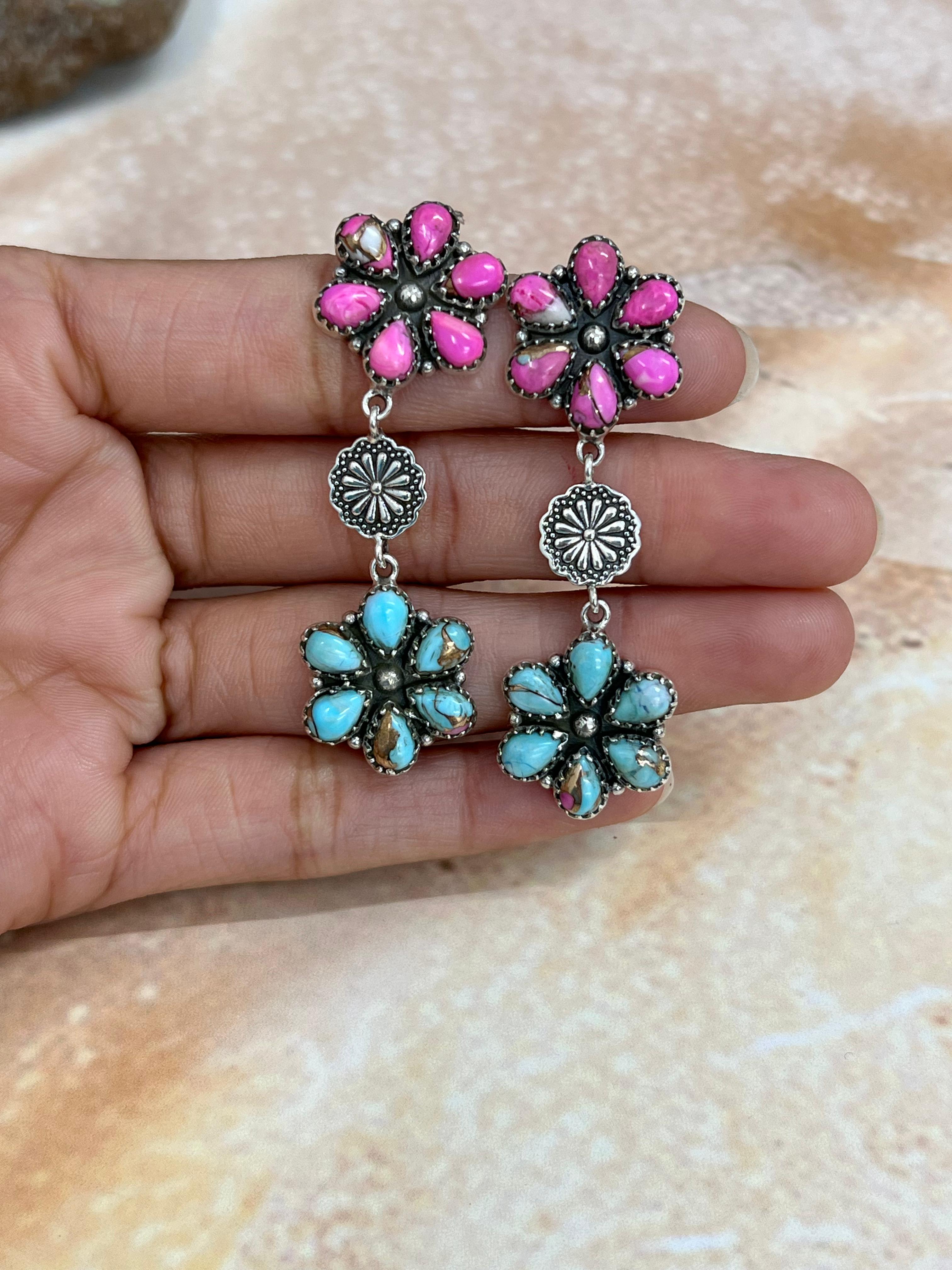 Handmade Sterling Silver Cotton Candy Turquoise Post Earrings with Signed Nizhoni