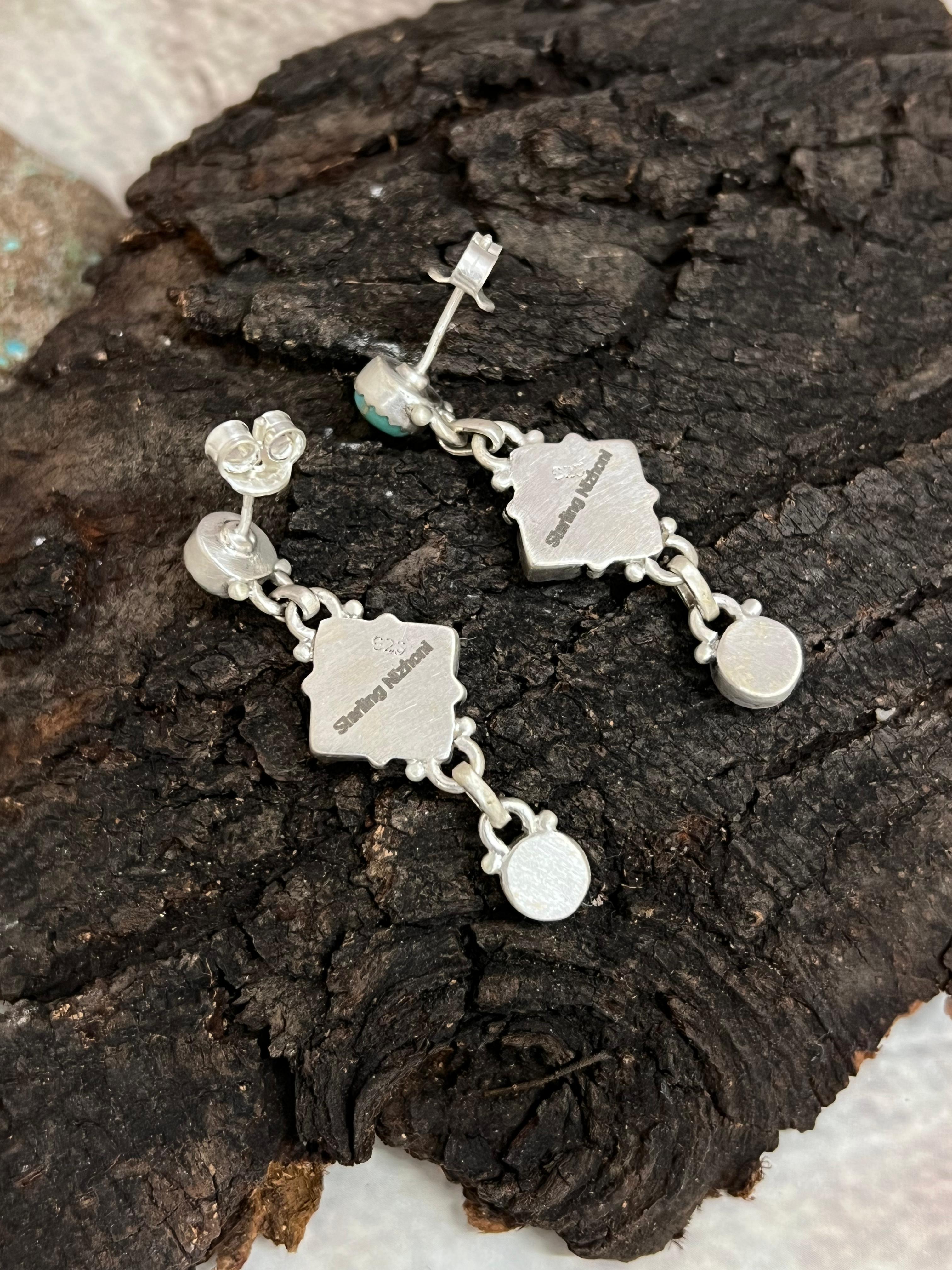 Handmade Sterling Silver Hot Pink with Kingman Turquoise Post Dangle Earrings, Signed Nizhoni (5)