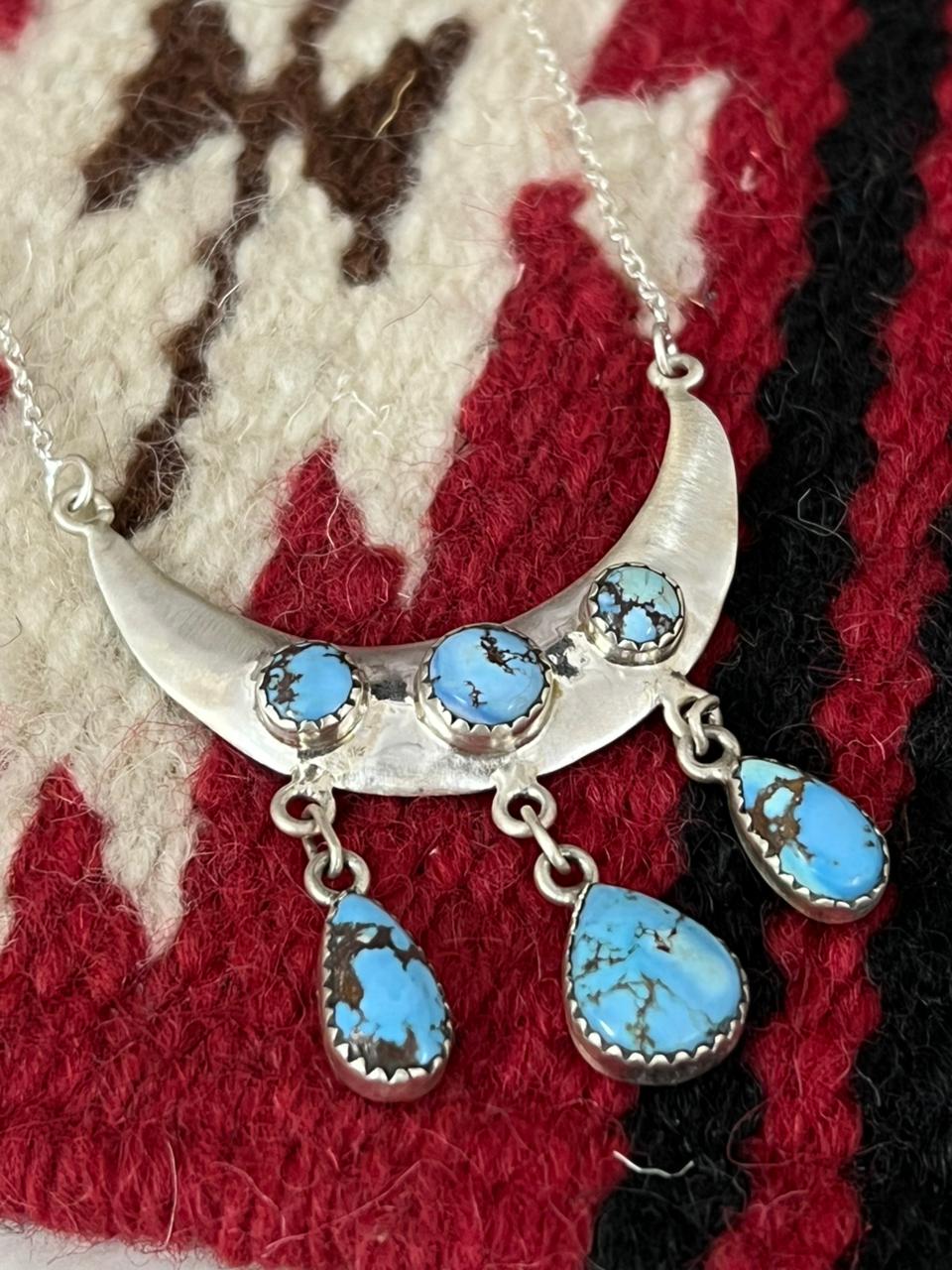 Handmade Sterling Silver Golden Hills Turquoise Moon Shape Necklace "Signed Nizhoni"