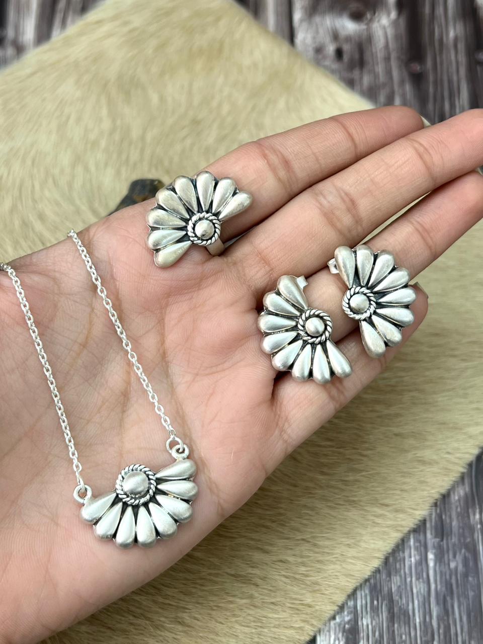 Handmade Sterling Silver Necklace Ring Earrings Set "Signed Nizhoni"