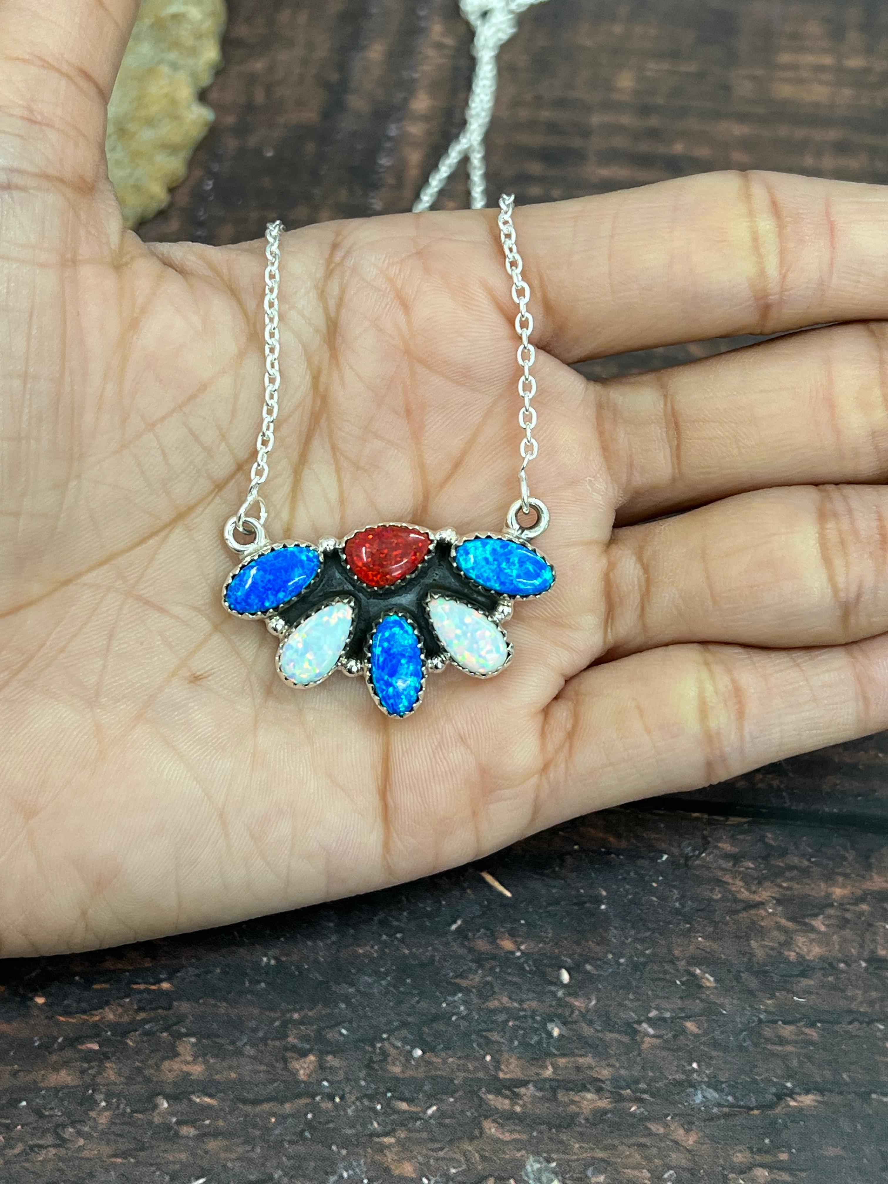 ** 4TH OF JULY ** Handmade Sterling Silver Synthetic Opal Necklace with Signed Nizhoni