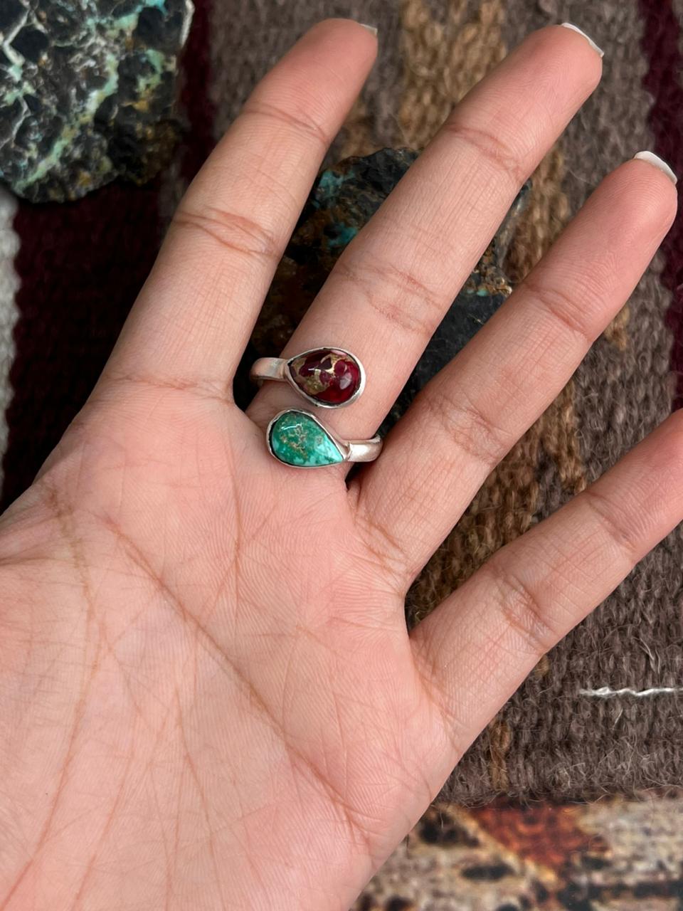 Handmade Sterling Silver Dahlia Rose With Emerald Valley Turquoise Ring "Signed Nizhoni"