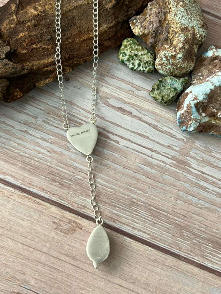 Handmade Sterling Silver Royston Ribbon Turquoise Heart Lariat Necklace Signed Nizhoni gg42