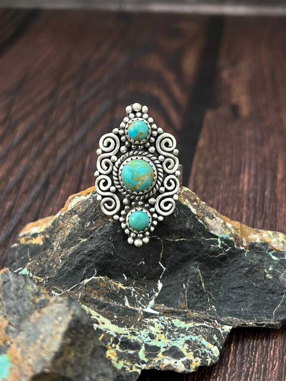 Handmade Sterling Silver Kingman Turquoise Adjustable Ring "Singed Nizhoni" (3)