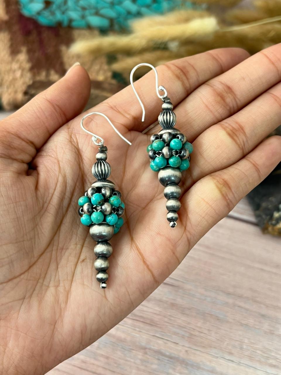 Handmade Sterling Silver Kingman Turquoise Hook Dangle Beaded Earrings