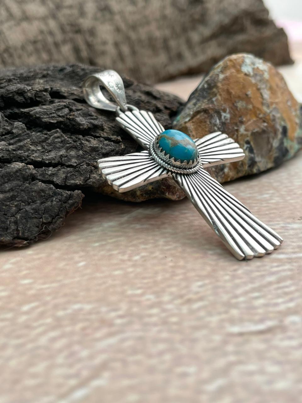 Handmade Sterling Silver Kingman Turquoise Cross Shape Pendant "Signed Nizhoni" (2)