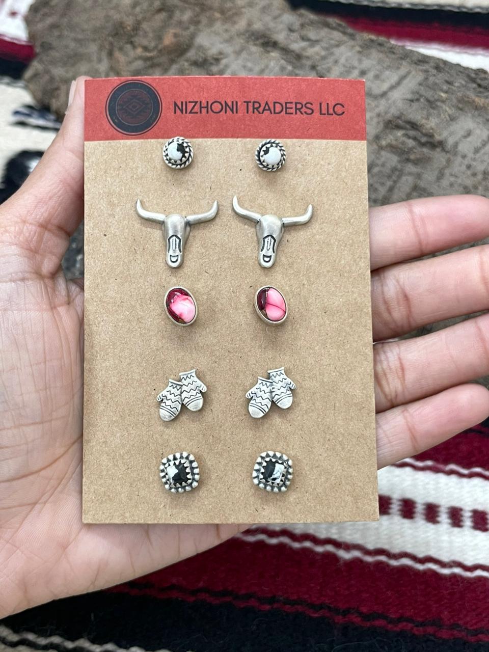 Handmade Sterling Silver White Buffalo with Dahlia Rose Studs (Cards) Earrings Set (10)