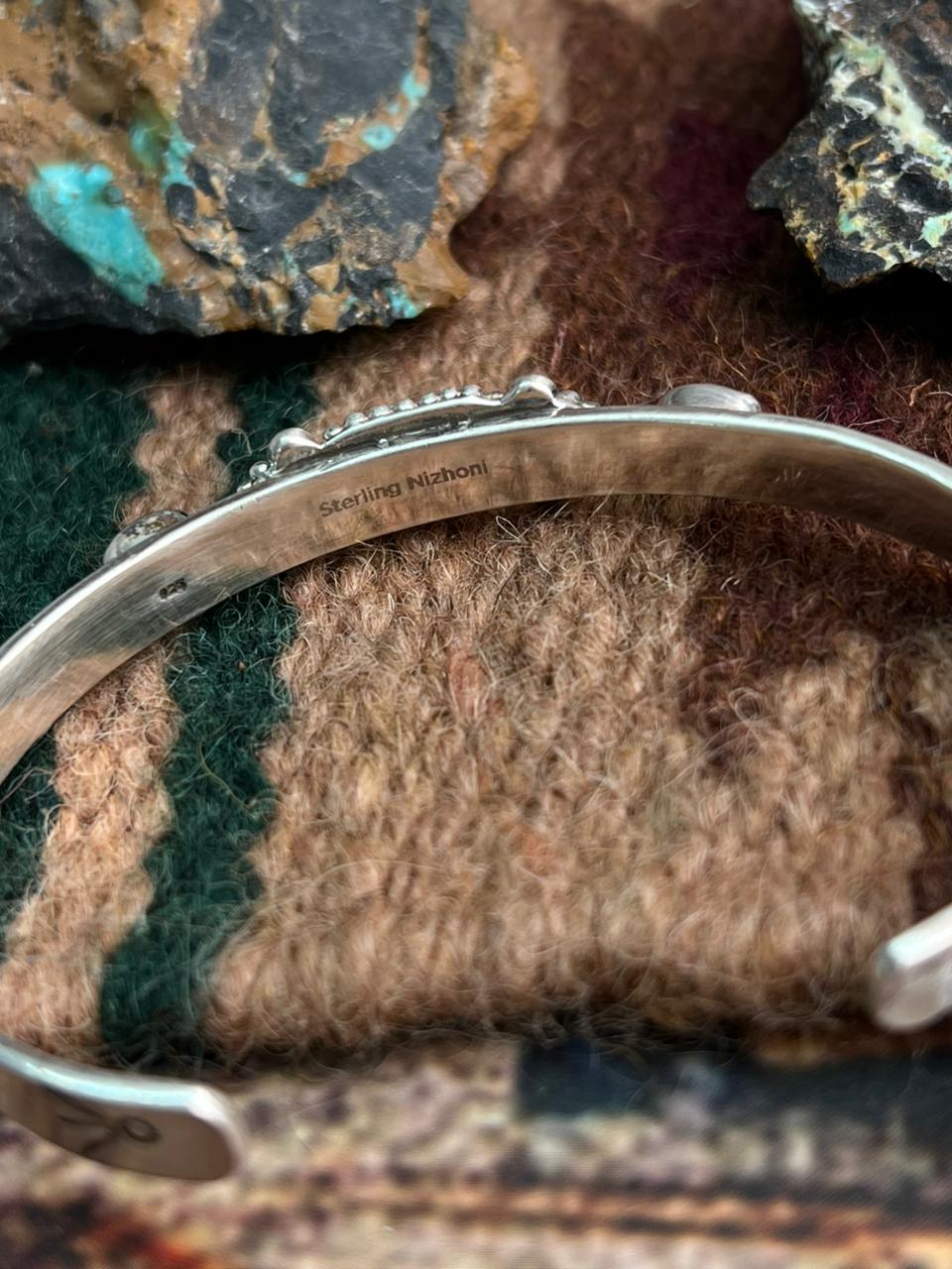 Handmade Sterling Silver Dahlia Rose with Emerald Valley Turquoise Cuff Bracelet "Signed Nizhoni"