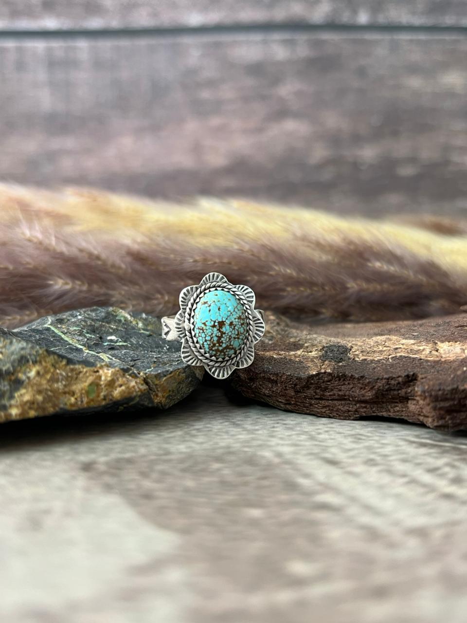 Handmade Sterling Silver Number 8 Turquoise Adjustable Ring "Signed Nizhoni"