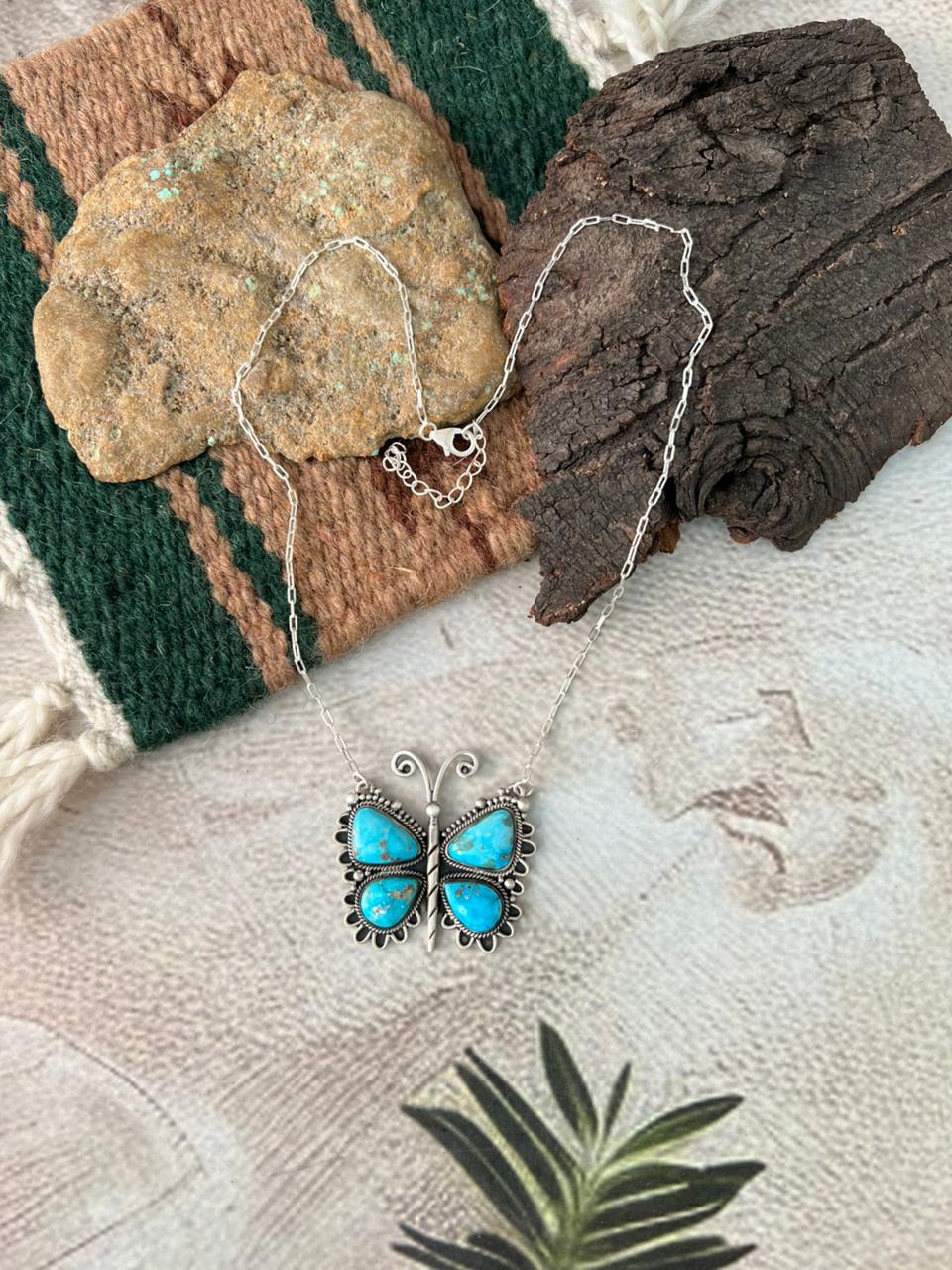 Handmade Sterling Silver White Water Turquoise Butterfly Necklace "Signed Nizhoni"