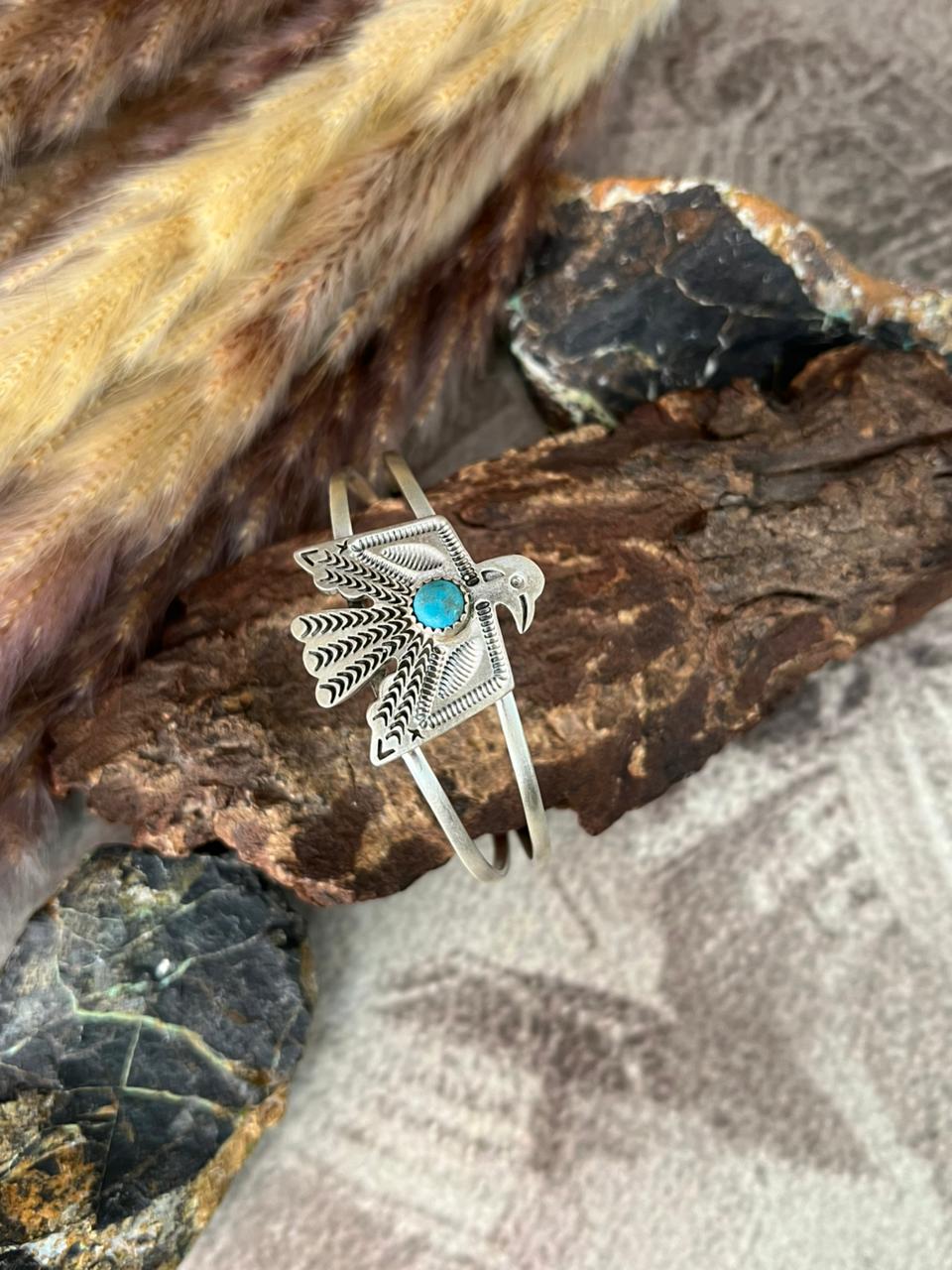 Handmade Sterling Silver Kingman Turquoise Thunder Bird Cuff Bracelet "Signed Nizhoni"