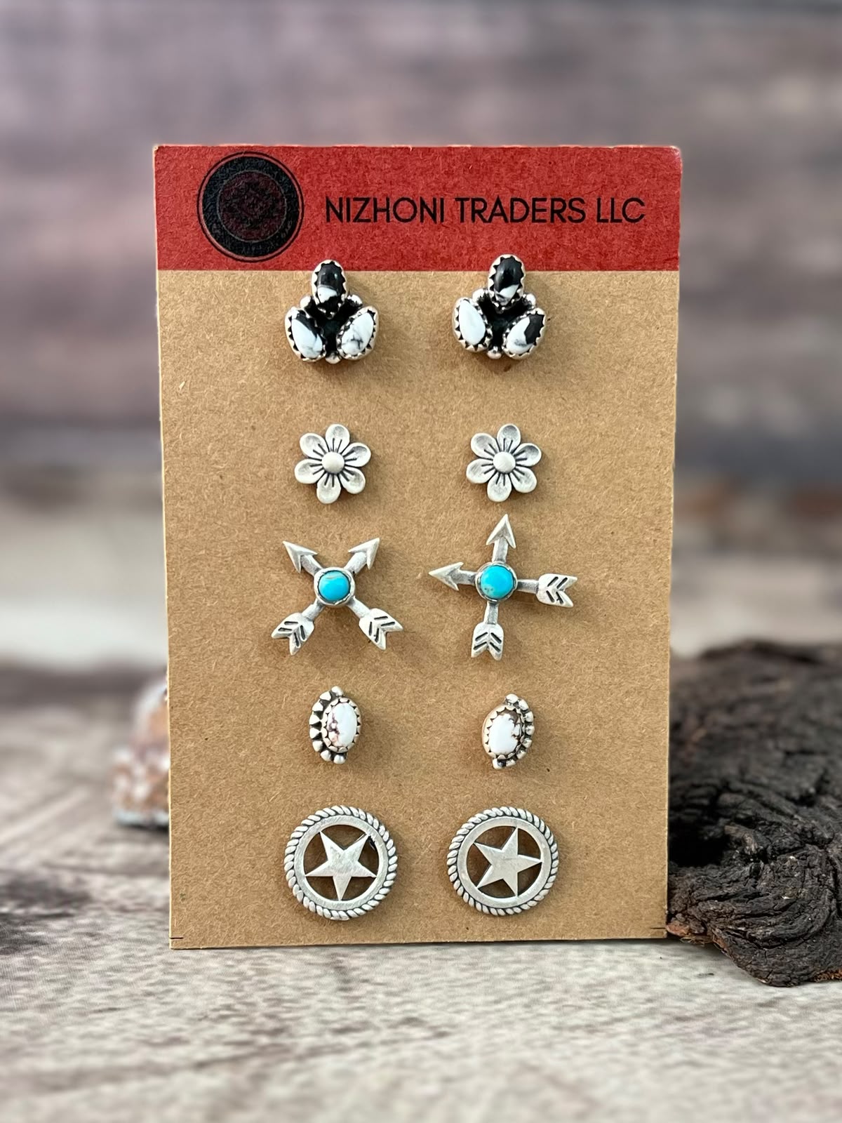 Handmade Sterling Silver White Buffalo with Kingman Turquoise and Wildhorse Magnesite Post Studs Cards