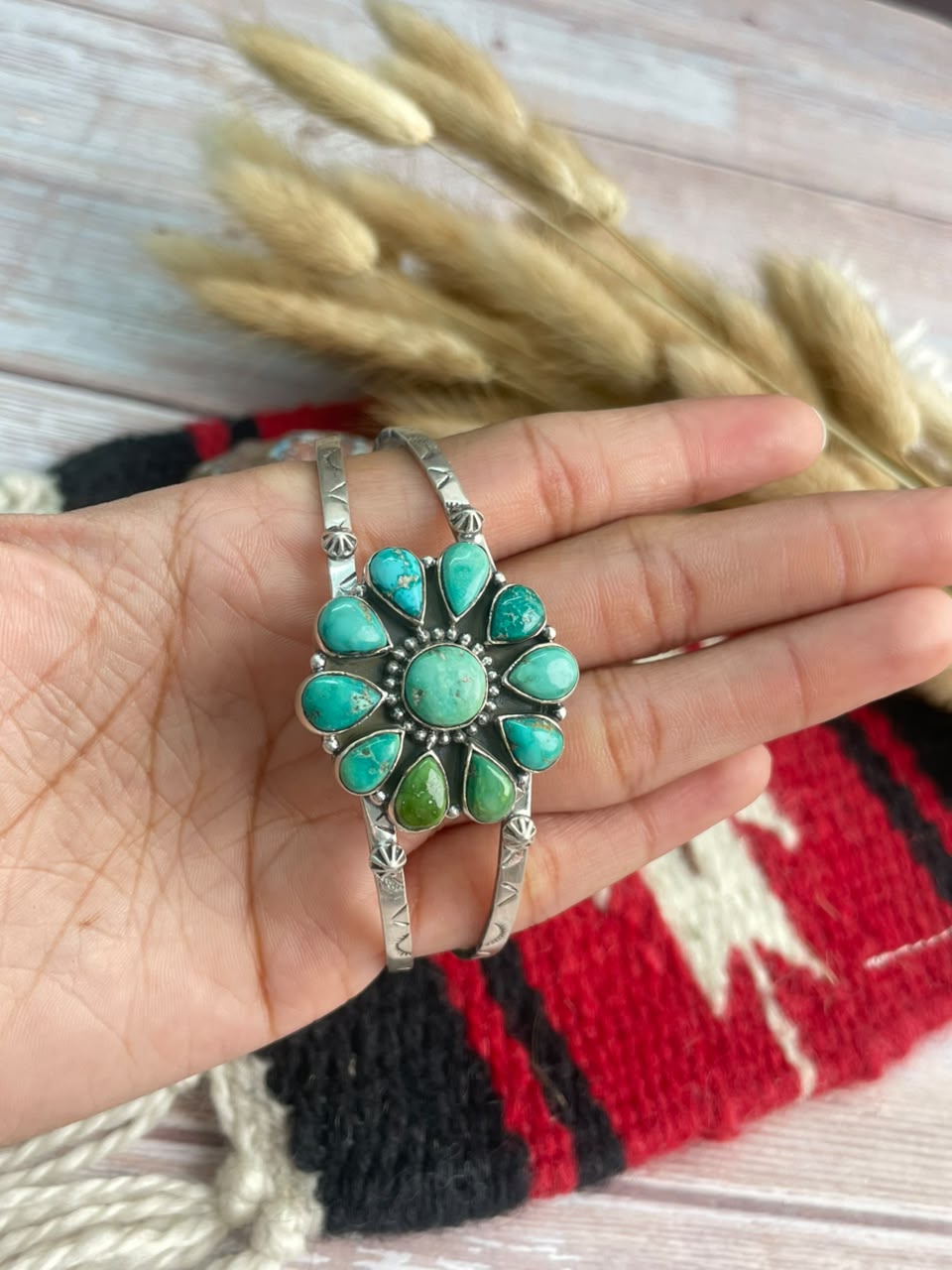 Handmade Sterling Silver Emerald Valley Turquoise Collection: Cuff Bracelet Signed Nizhoni