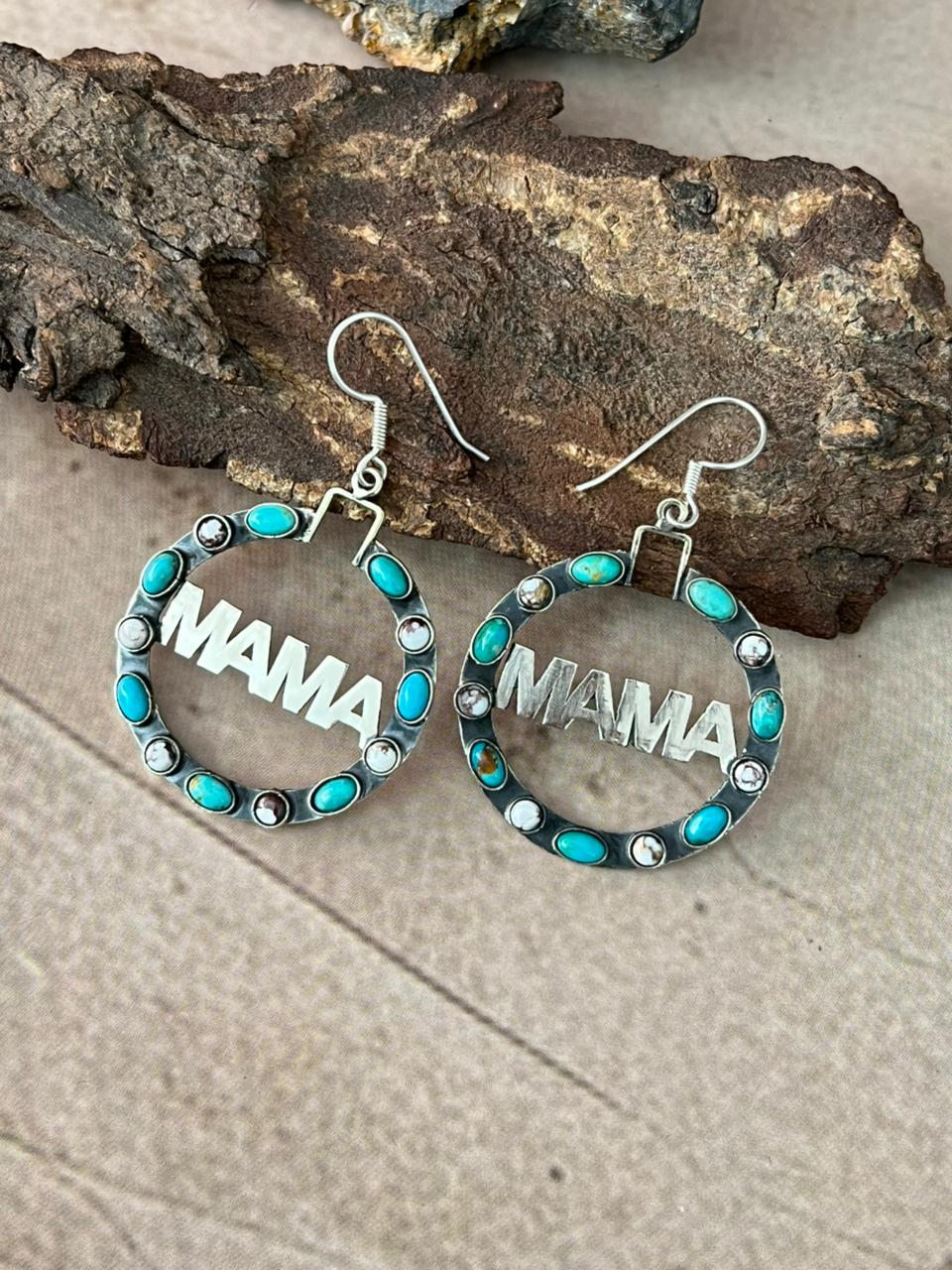 Handmade Sterling Silver Mama Collection: Kingman Turquoise with Wild horse Magnesite Hoop Dangle Earrings