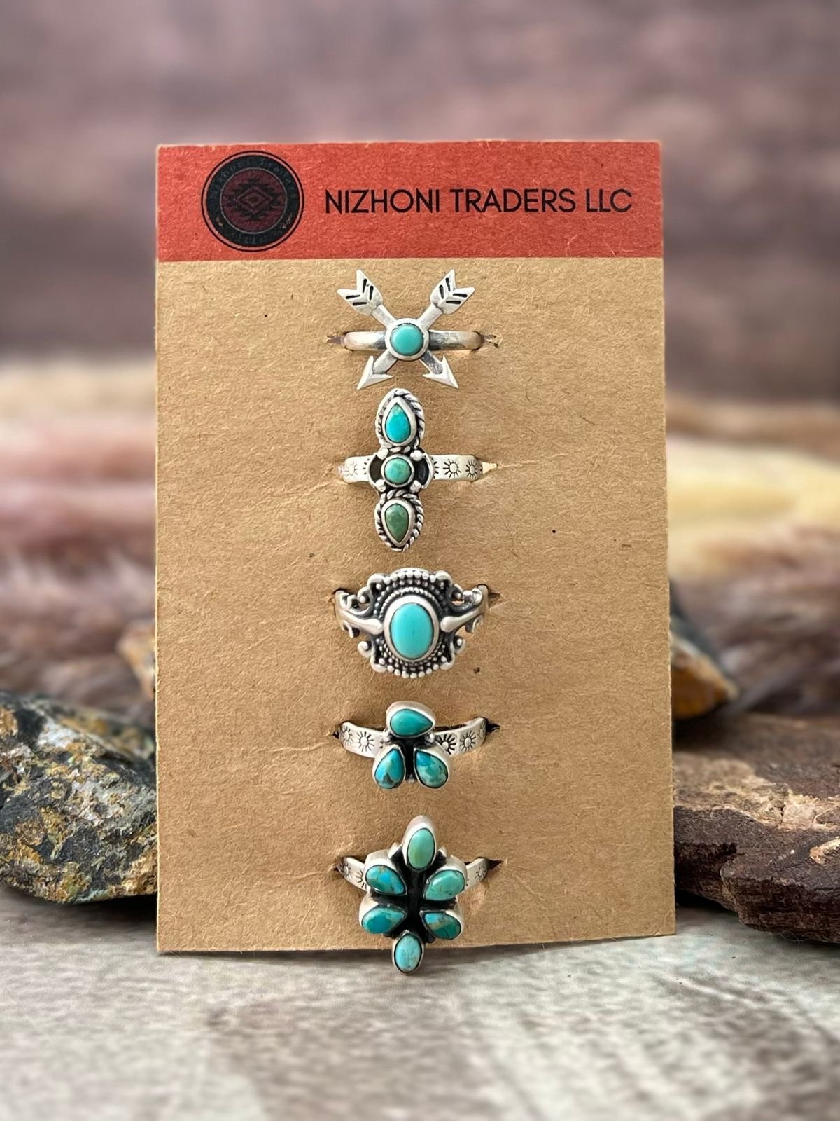 Handmade Sterling Silver Kingman Turquoise Adjustable Ring Card