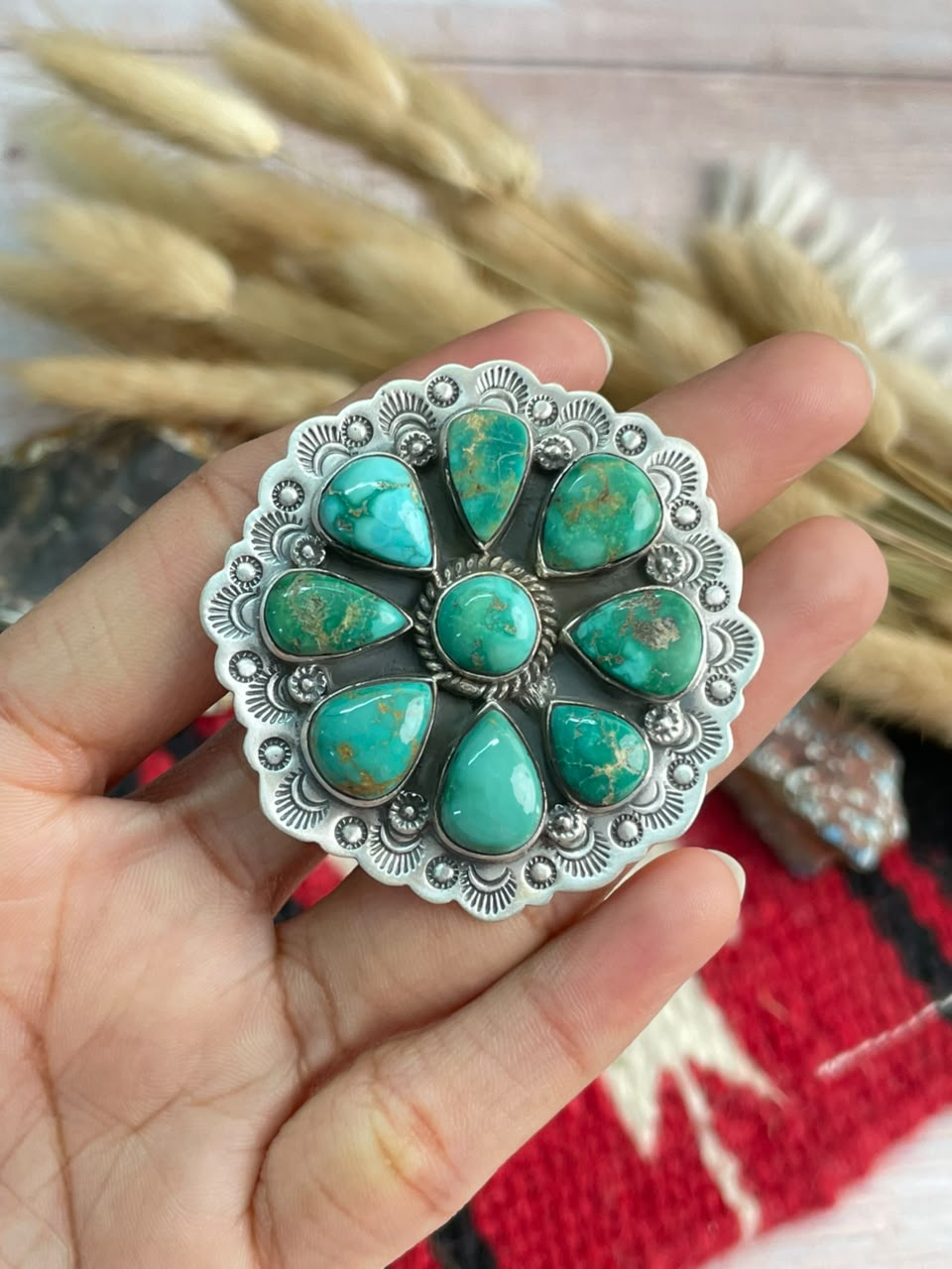 Handmade Sterling Silver Emerald Valley Turquoise Collection: Adjustable Ring Signed Nizhoni