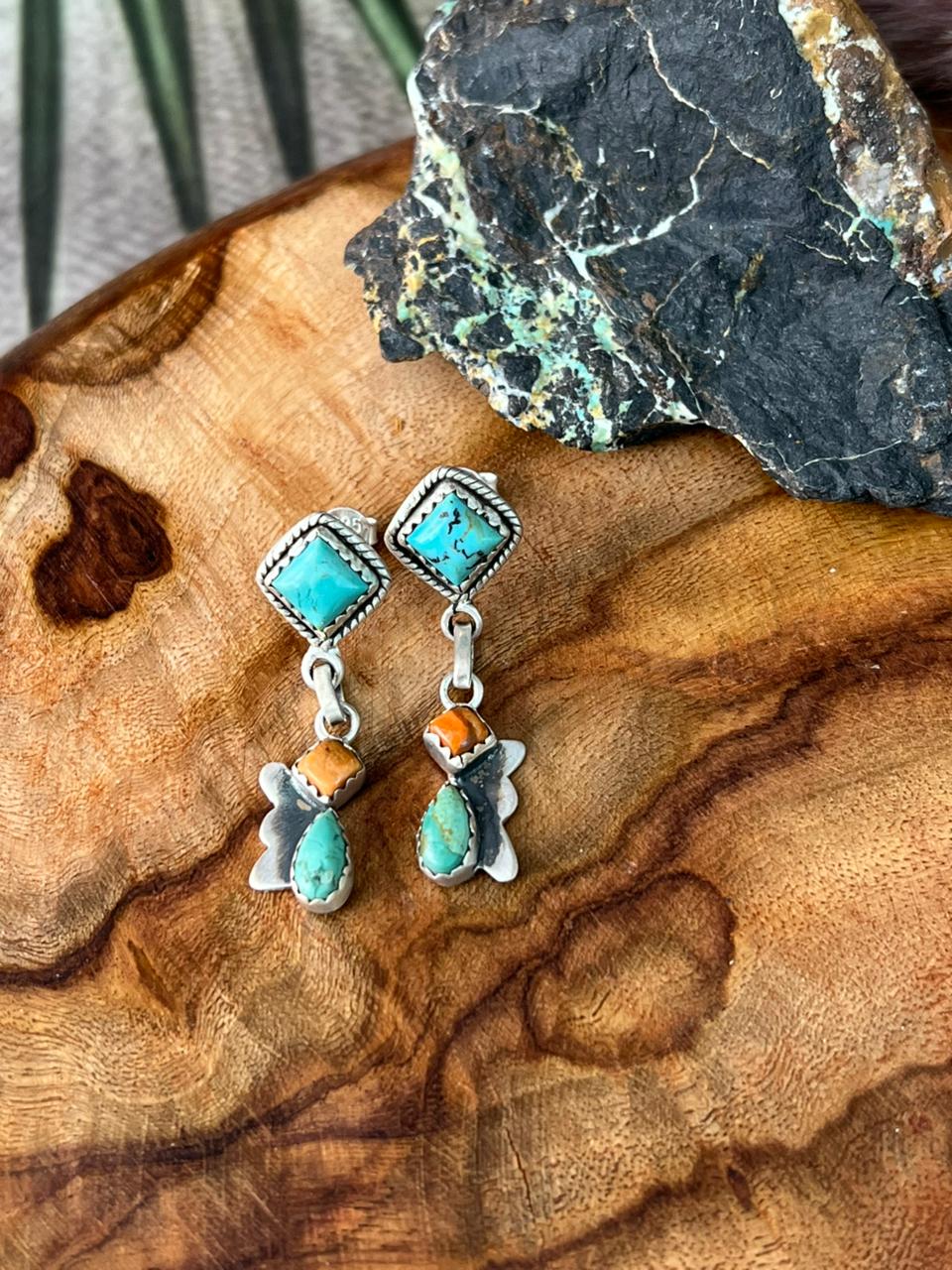 Handmade Sterling Silver Kingman Turquoise with Bumblebee Post Dangle Earrings "Signed Nizhoni"