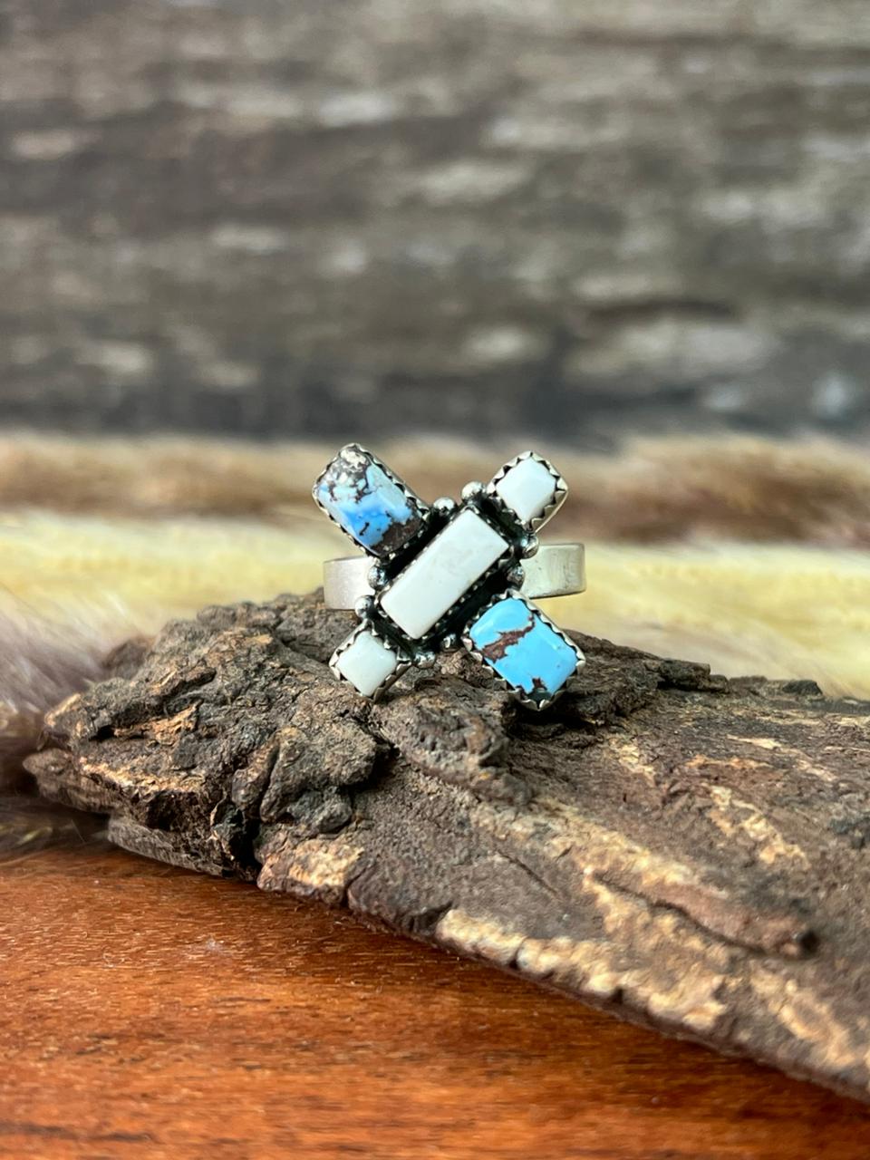 Handmade Sterling Silver Canyon Sunset Collection: Golden Hills Turquoise with White Buffalo Adjustable Ring "Signed Nizhoni"