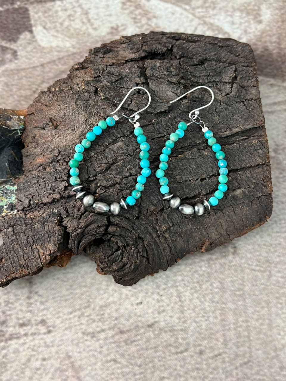 Handmade Sterling Silver Kingman Turquoise Hook Dangle Beaded Earrings