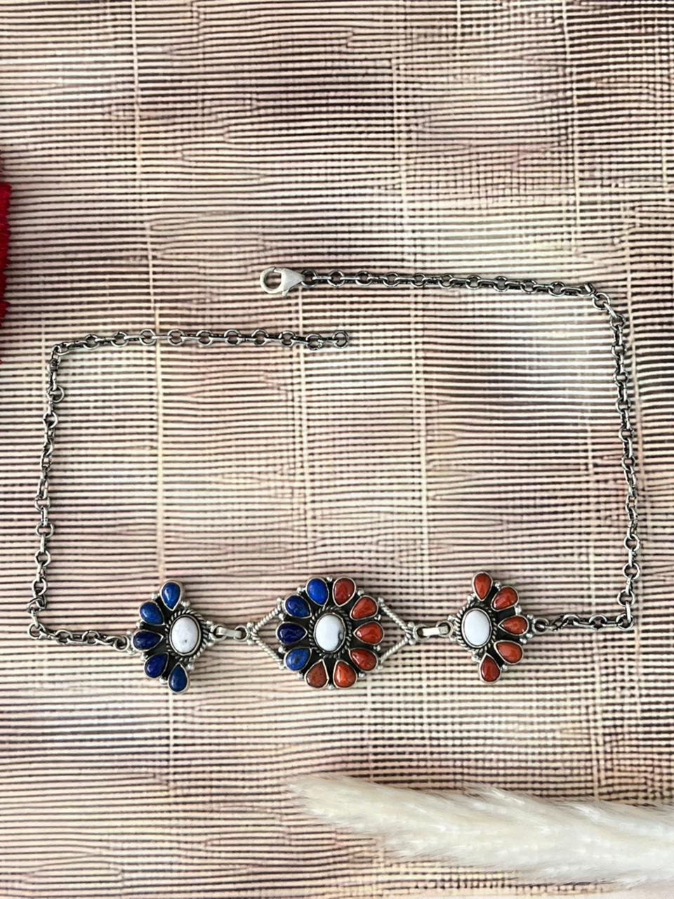 Handmade Sterling Silver 4th Of July Collection: Coral with Lapis and White Buffalo Choker Necklace "Signed Nizhoni"