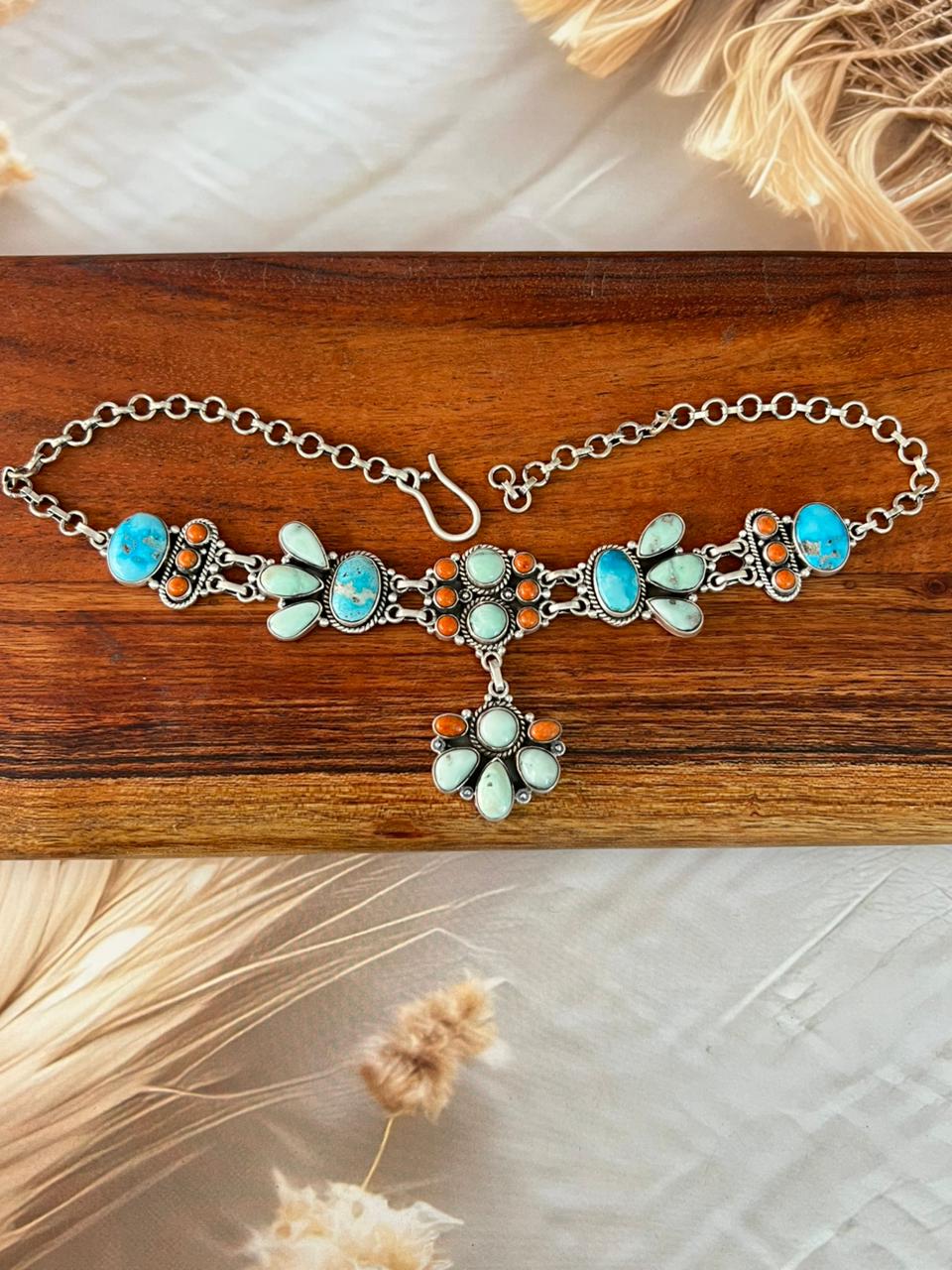 Handmade Sterling Silver Paloma with Sierra Bella Turquoise and Orange Mojave Choker Necklace "Signed Nizhoni"