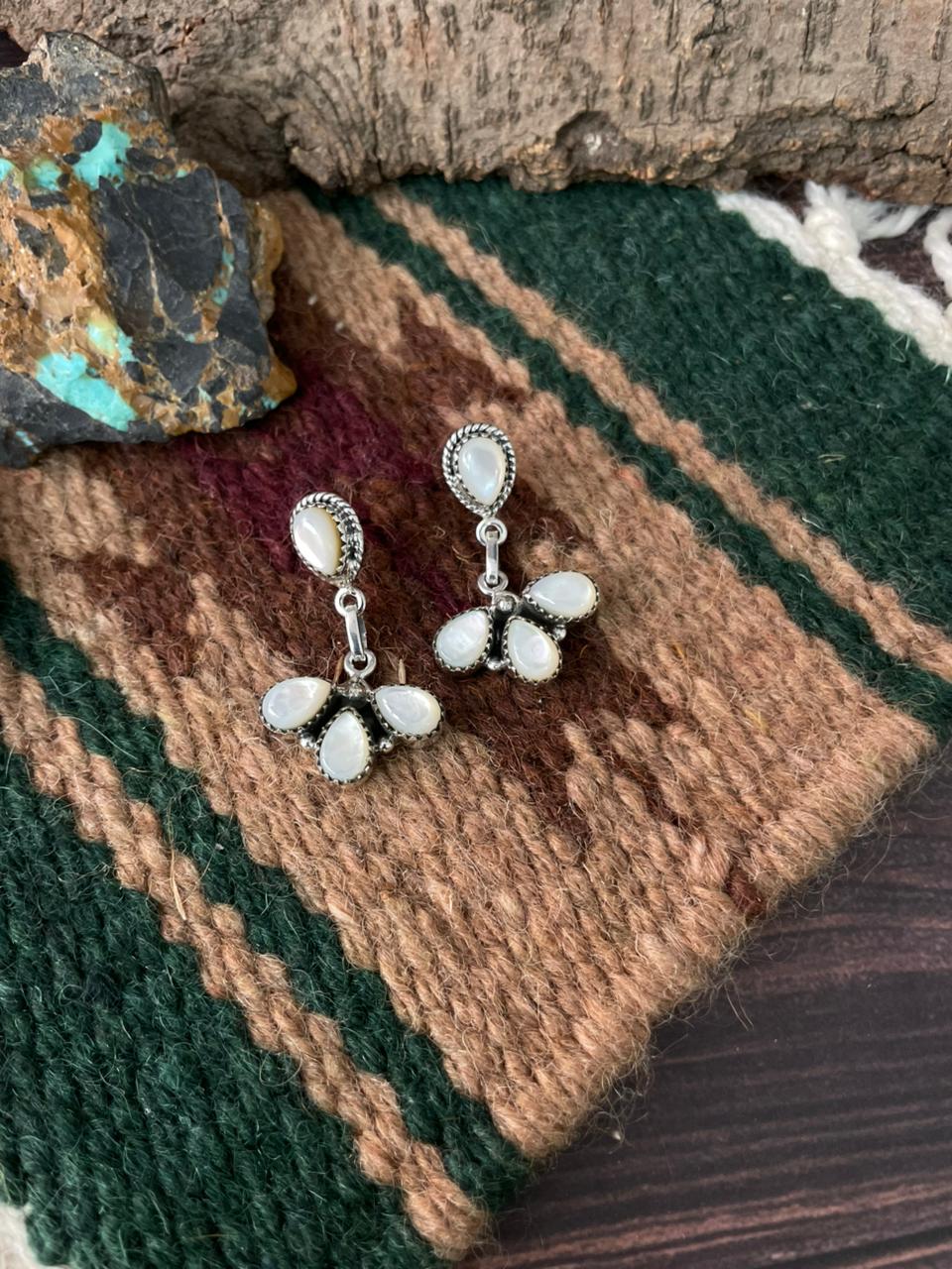 Handmade Sterling Silver Wedding Collection: Mother of Pearl Post Dangle Earrings "Signed Nizhoni"