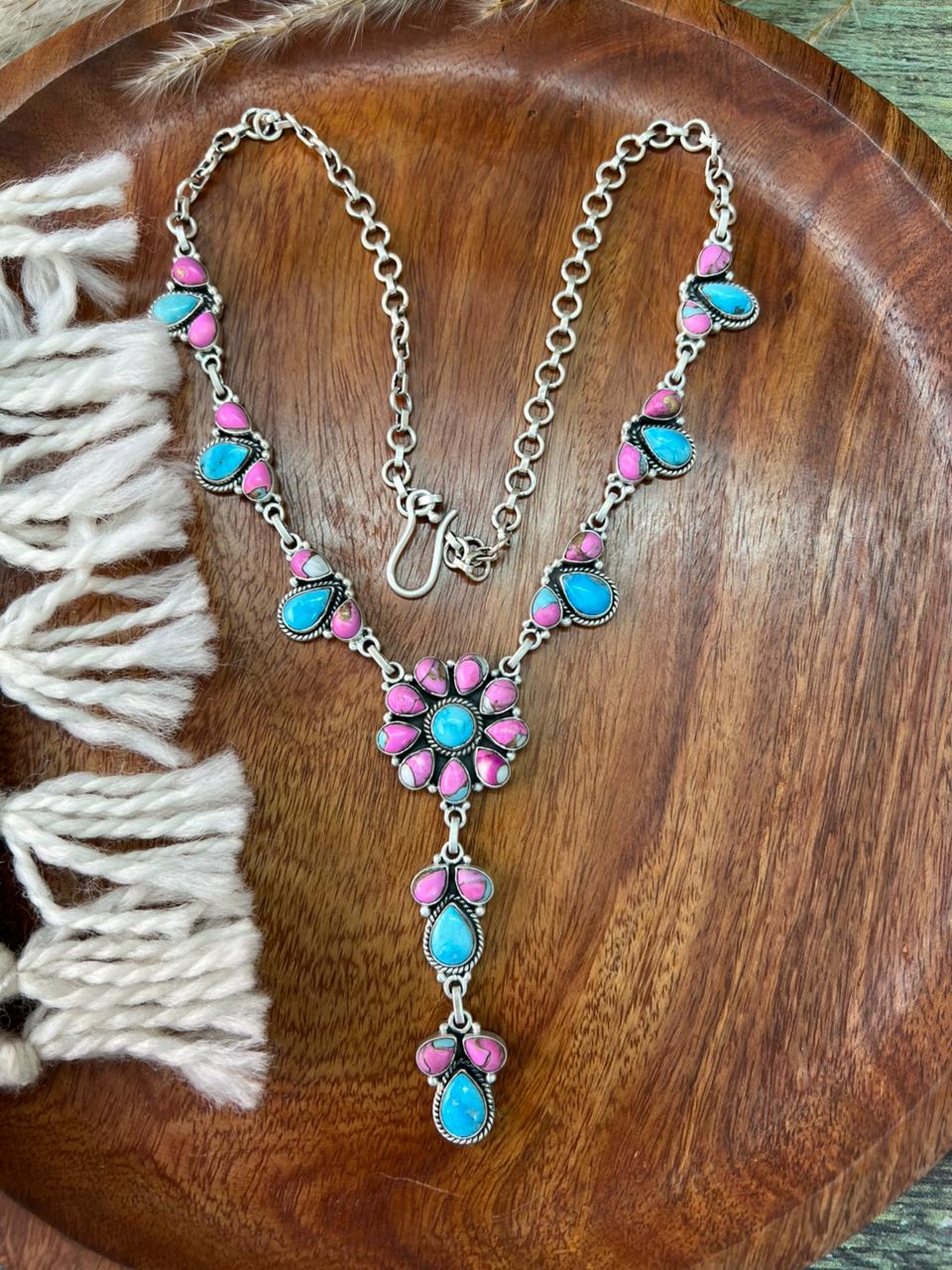 Handmade Sterling Silver Sierra Bella Turquoise with Cotton Candy Necklace "Signed Nizhoni"