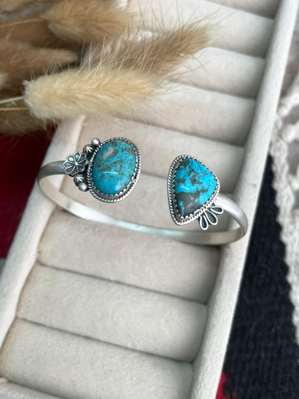 Handmade Sterling Silver Blue Kingman Turquoise Cuff Bracelet "Signed Nizhoni"
