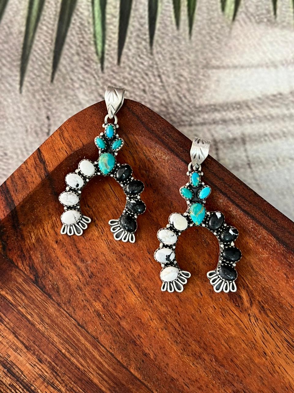 Handmade Sterling Silver Kingman Turquoise with White Buffalo Naja Pendant "Signed Nizhoni"