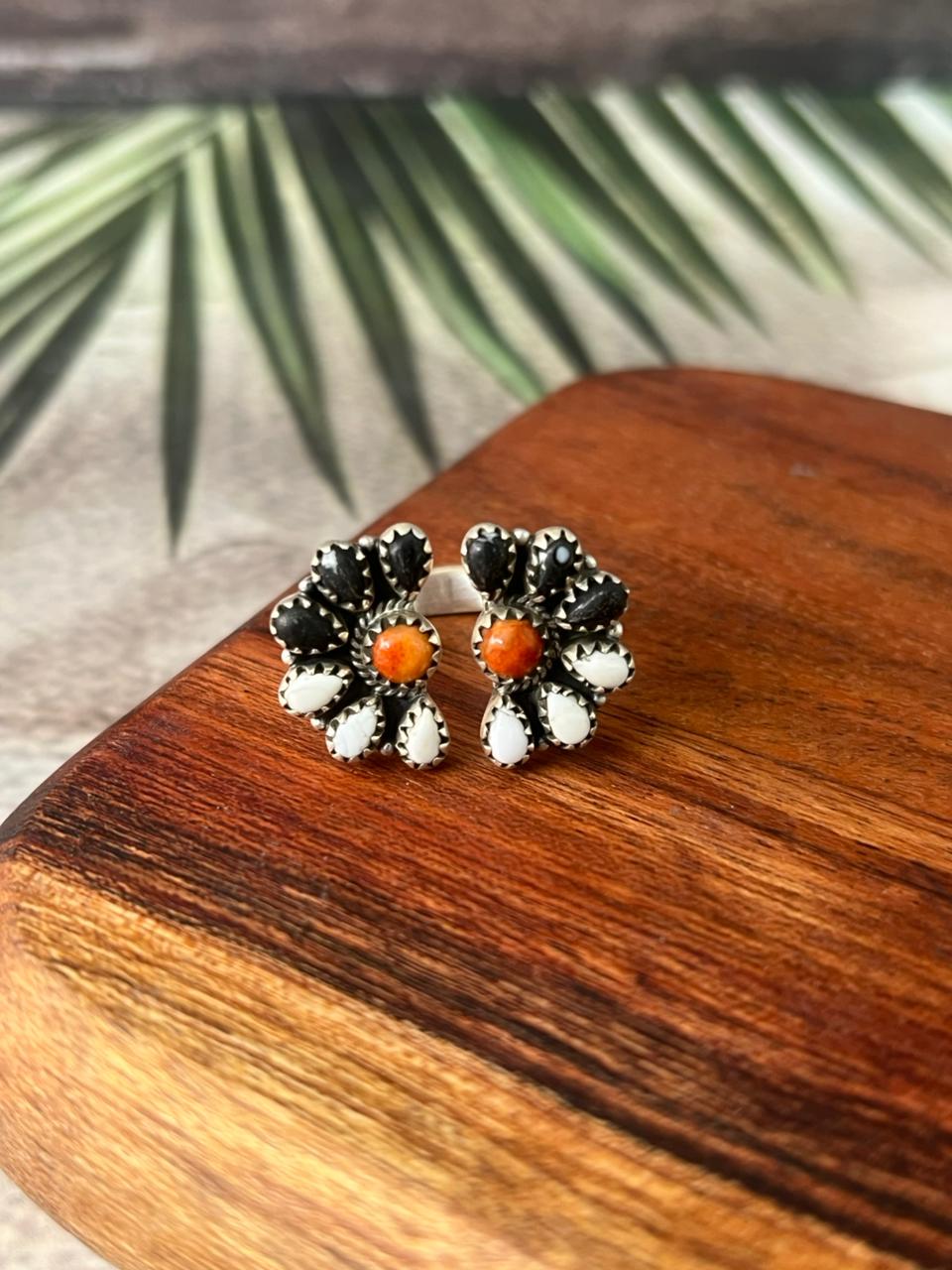 Handmade Sterling Silver White Buffalo with Orange Mojave Adjustable Ring "Signed Nizhoni"