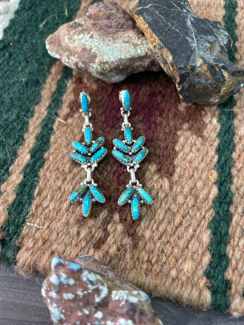 Handmade Sterling Silver Kingman Turquoise Post Dangle Earrings "Signed Nizhoni"