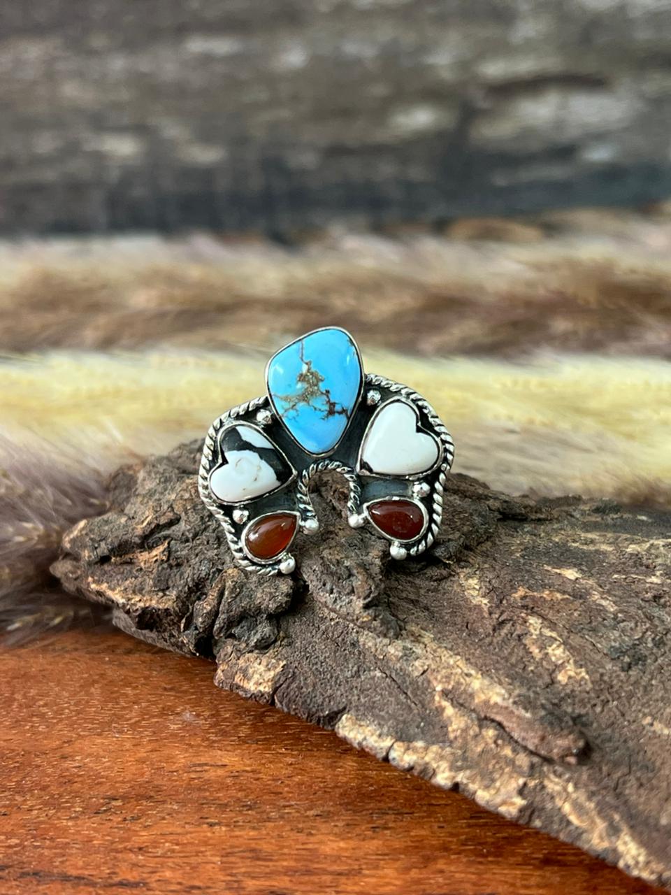 Handmade Sterling Silver Canyon Sunset Collection: Golden Hills Turquoise with White Buffalo and Carnelian Adjustable Naja Ring "Signed Nizhoni"