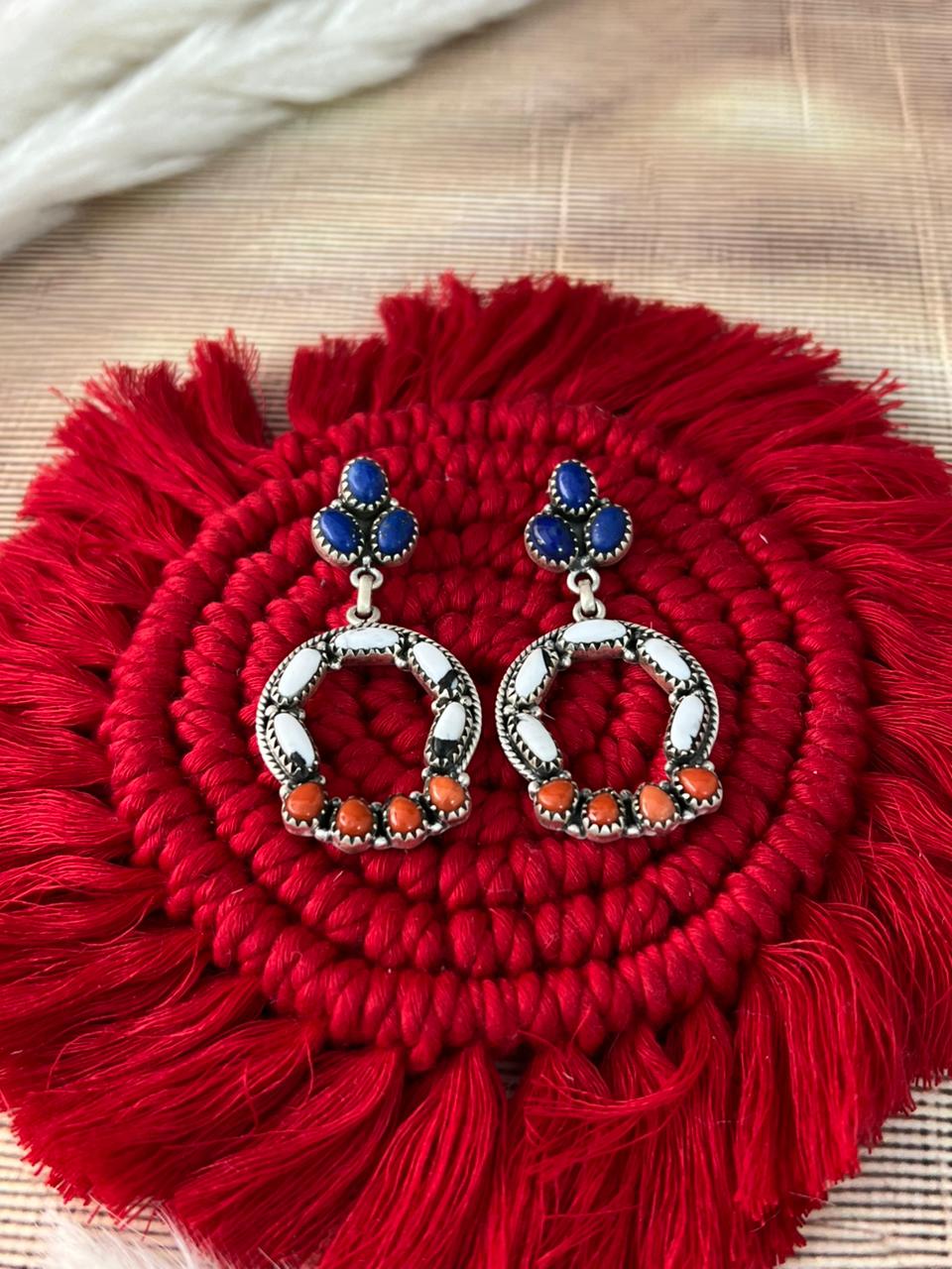 Handmade Sterling Silver 4th Of July Collection: Coral with Lapis and White Buffalo Post Dangle Earrings "Signed Nizhoni"
