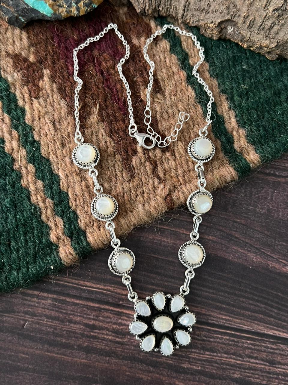 Handmade Sterling Silver Wedding Collection: Mother of Pearl Necklace "Signed Nizhoni"