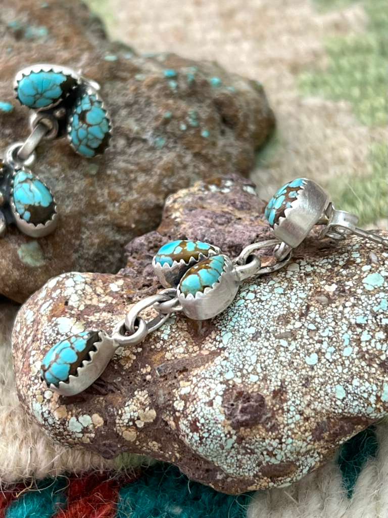 Handmade Sterling Silver Number 8 Turquoise Post Dangle Earrings "Signed Nizhoni"