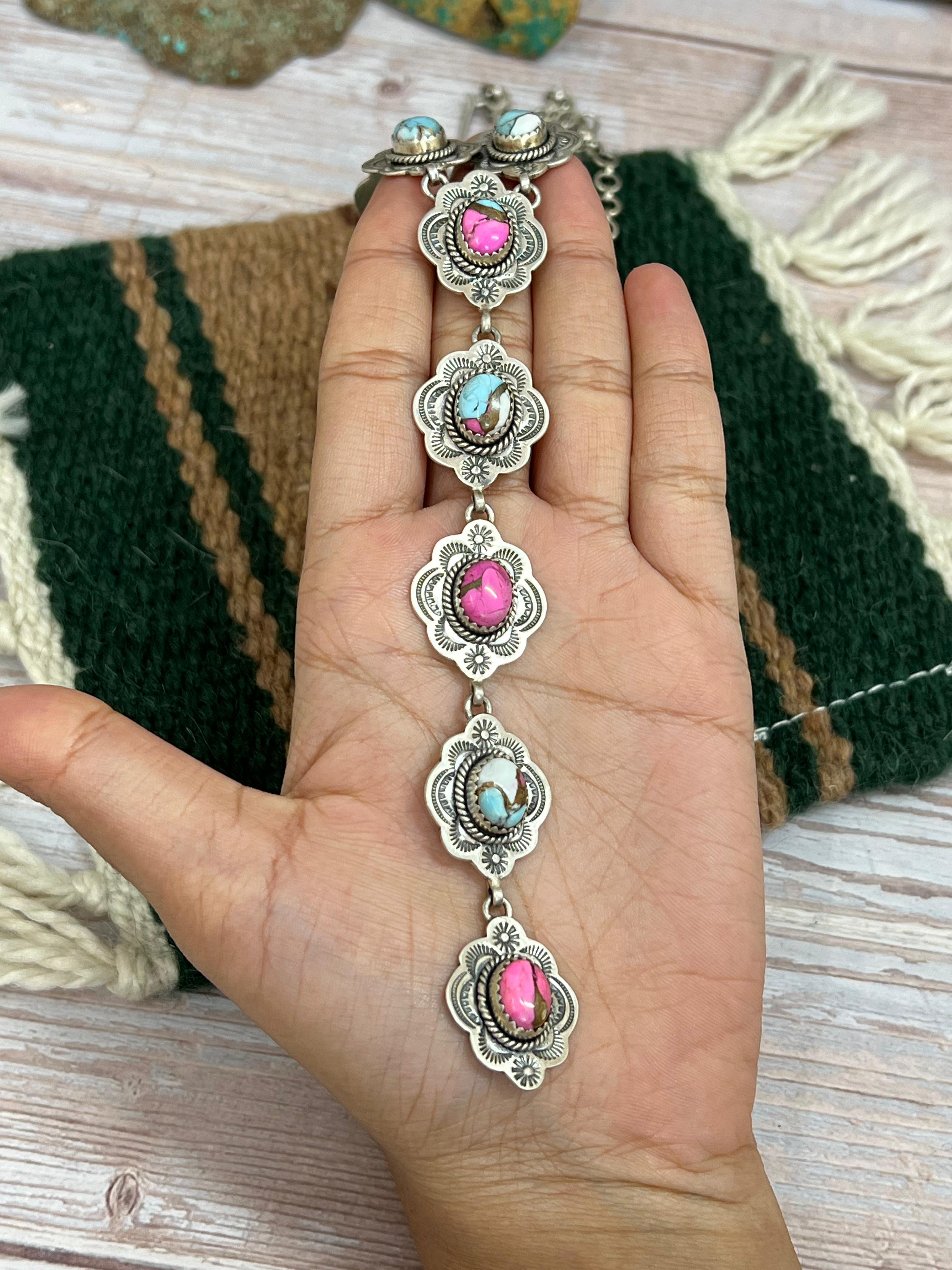 Handmade Sterling Silver Cotton Candy Turquoise Necklace with Signed Nizhoni