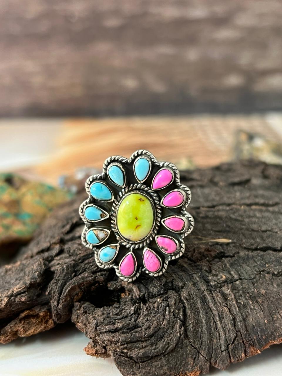 Handmade Sterling Silver Cotton Candy with Palomino Adjustable Ring "Signed Nizhoni"