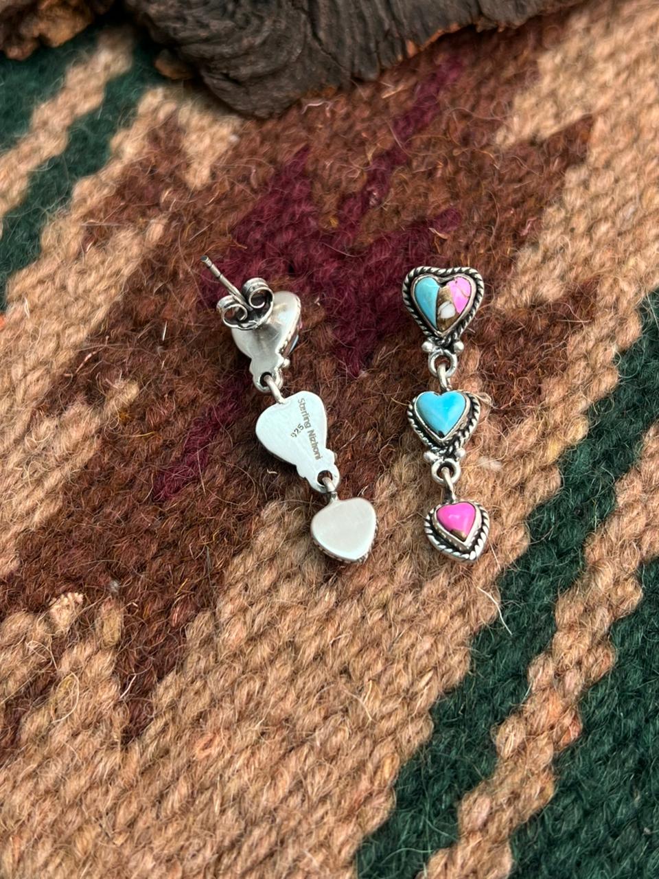 "Heart Collection" Handmade Sterling Silver Cotton Candy Post Dangle Earrings "Signed Nizhoni"