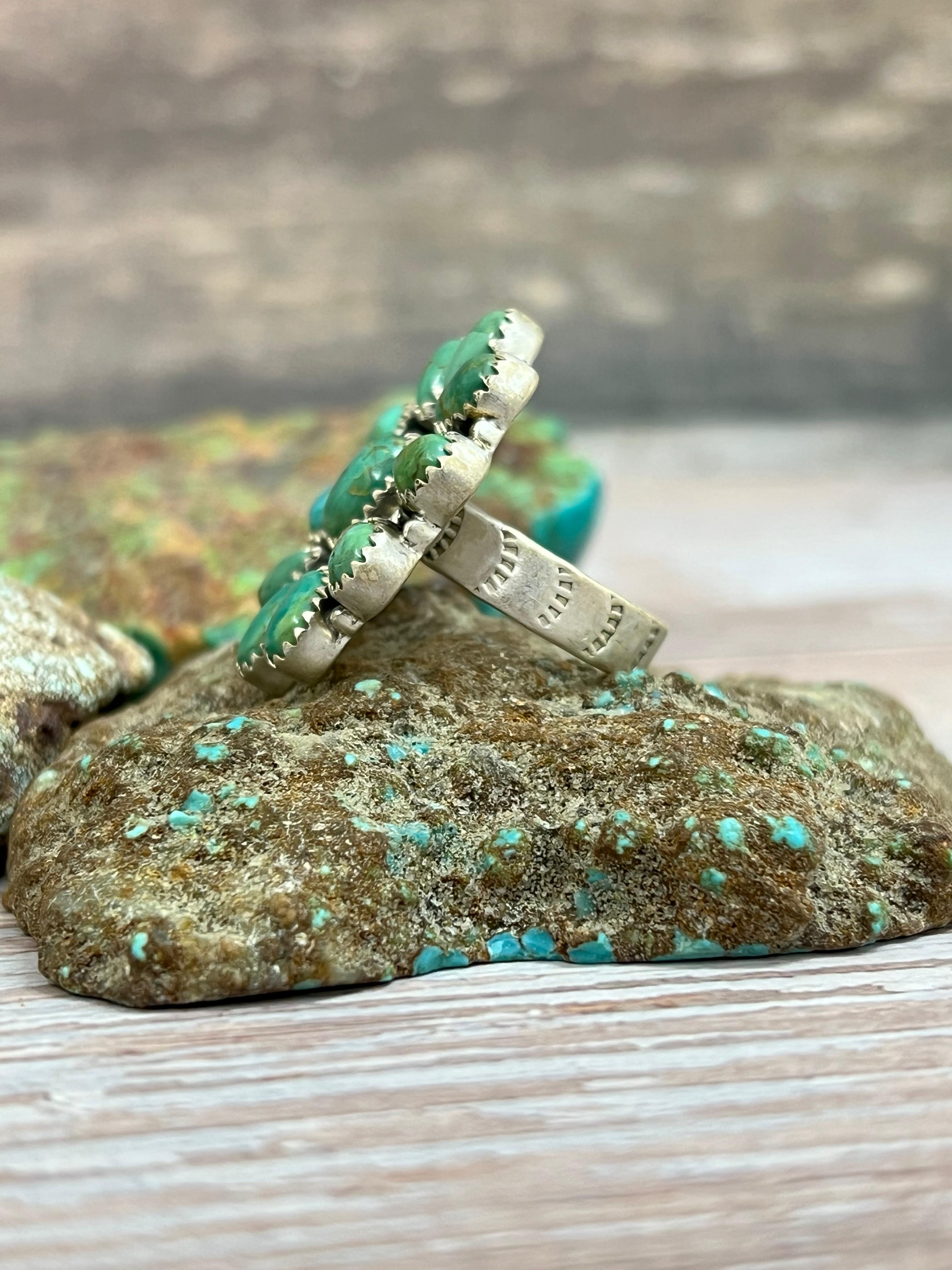 Handmade Sterling Silver Kingman Turquoise Adjustable Ring with Signed Nizhoni