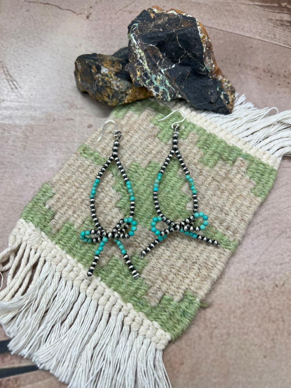 Handmade Sterling Silver Beaded Kingman Turquoise Hook Dangle Bow Earrings